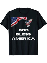 God Bless America Patriotic Bald Eagle And American Flag USA T-Shirt 180G 100% Cotton Printed Round Neck Short-Sleeve T-Shirt, Gifts for Men Dad Husband Grandpa, S-XXXL, Black