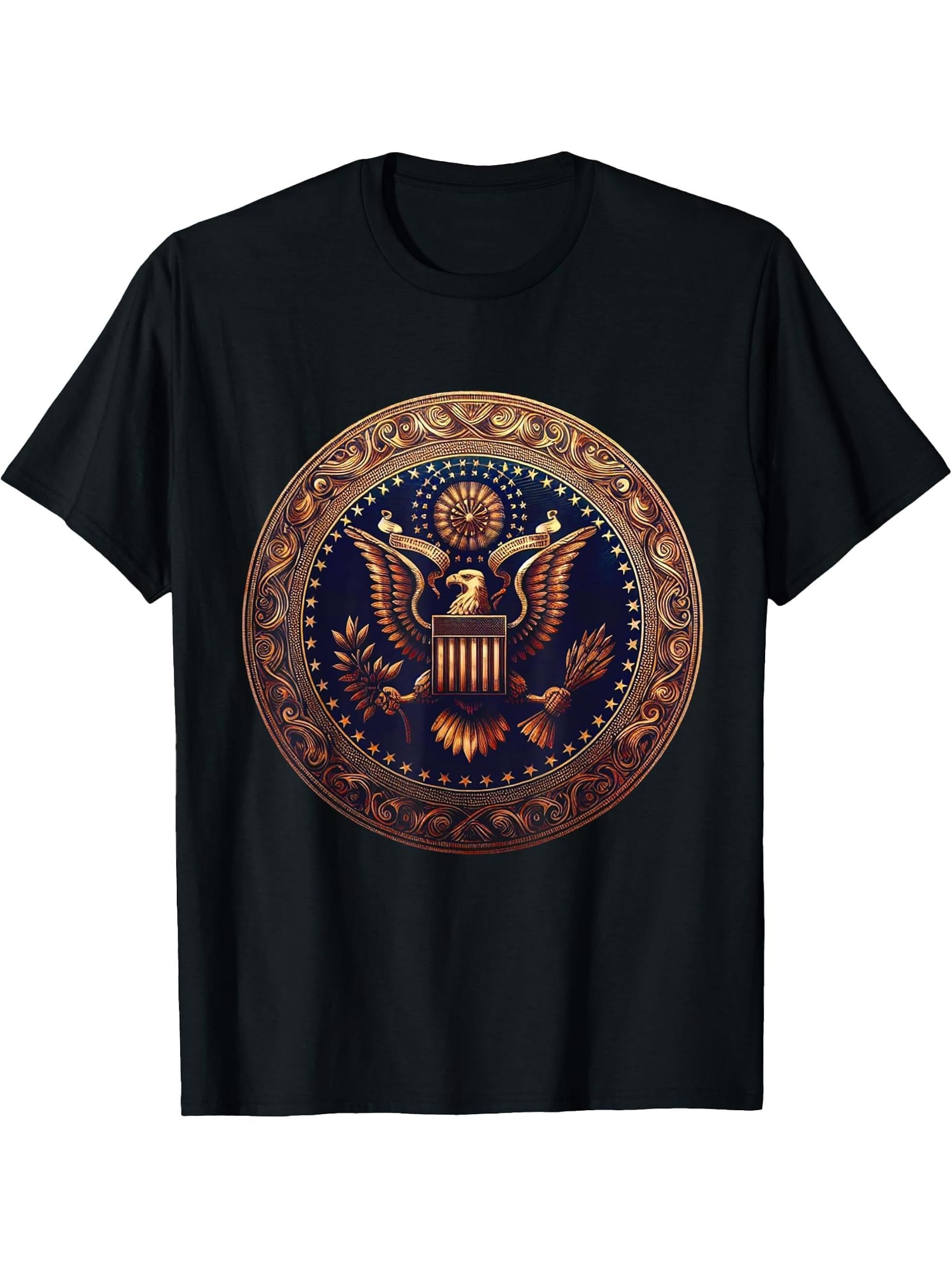 American Flag Bald Eagle Patriotic American Tee T-Shirt 180G 100% Cotton Printed Round Neck Short-Sleeve T-Shirt, Gifts for Men Dad Husband Grandpa, S-XXXL, Black