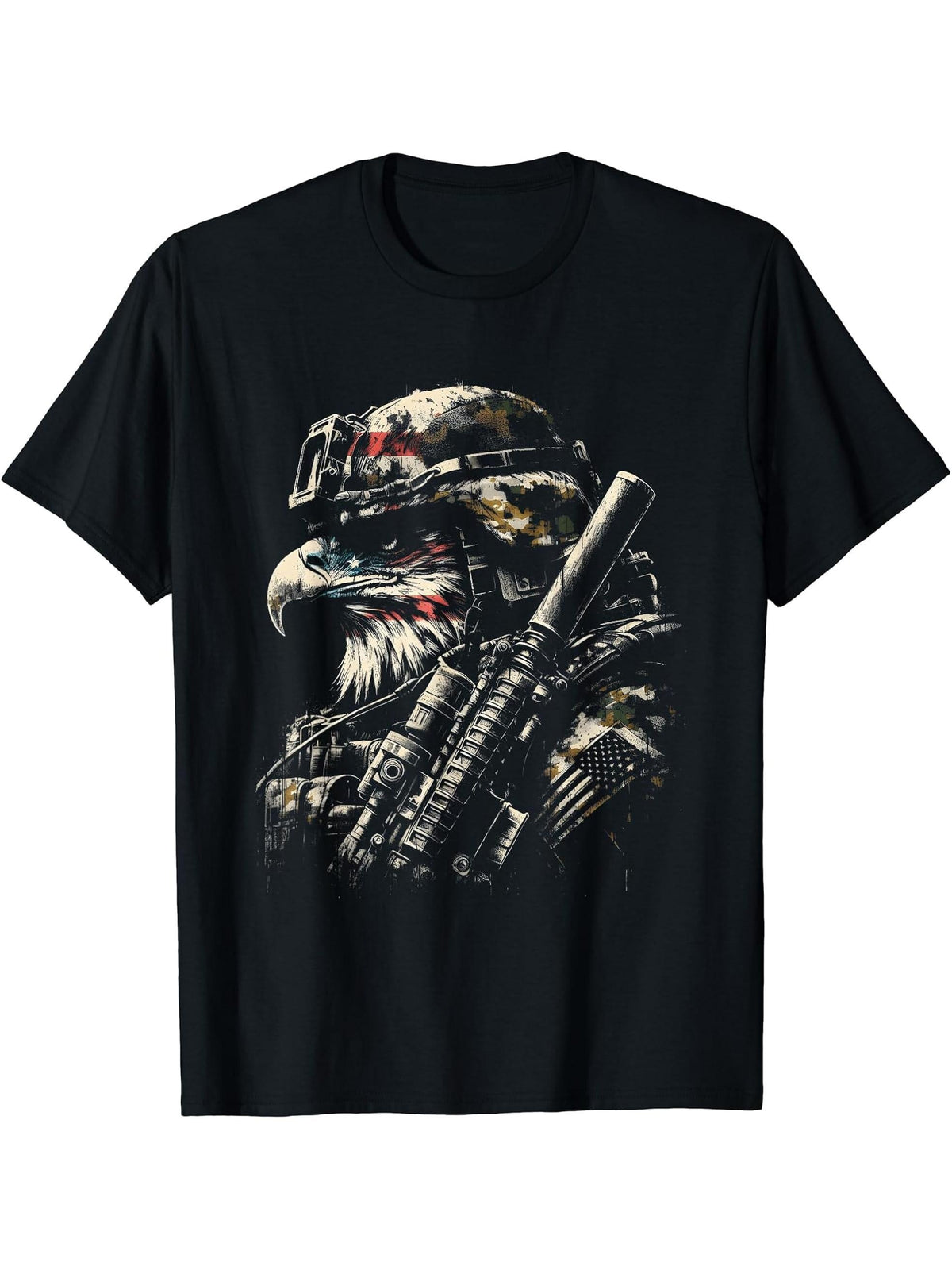 Bald Eagle American Soldier - Patriotic USA Flag Eagle Bird T-Shirt 180G 100% Cotton Printed Round Neck Short-Sleeve T-Shirt, Gifts for Men Dad Husband Grandpa, S-XXXL, Black