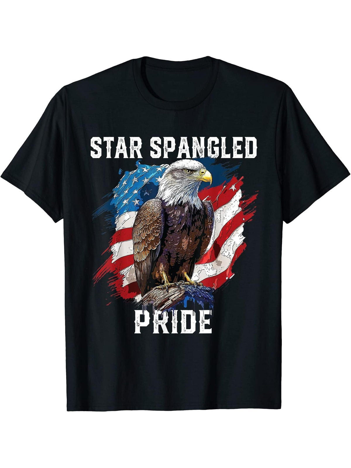Star Spangled Pride American Bald Eagle America USA T-Shirt 180G 100% Cotton Printed Round Neck Short-Sleeve T-Shirt, Gifts for Men Dad Husband Grandpa, S-XXXL, Black
