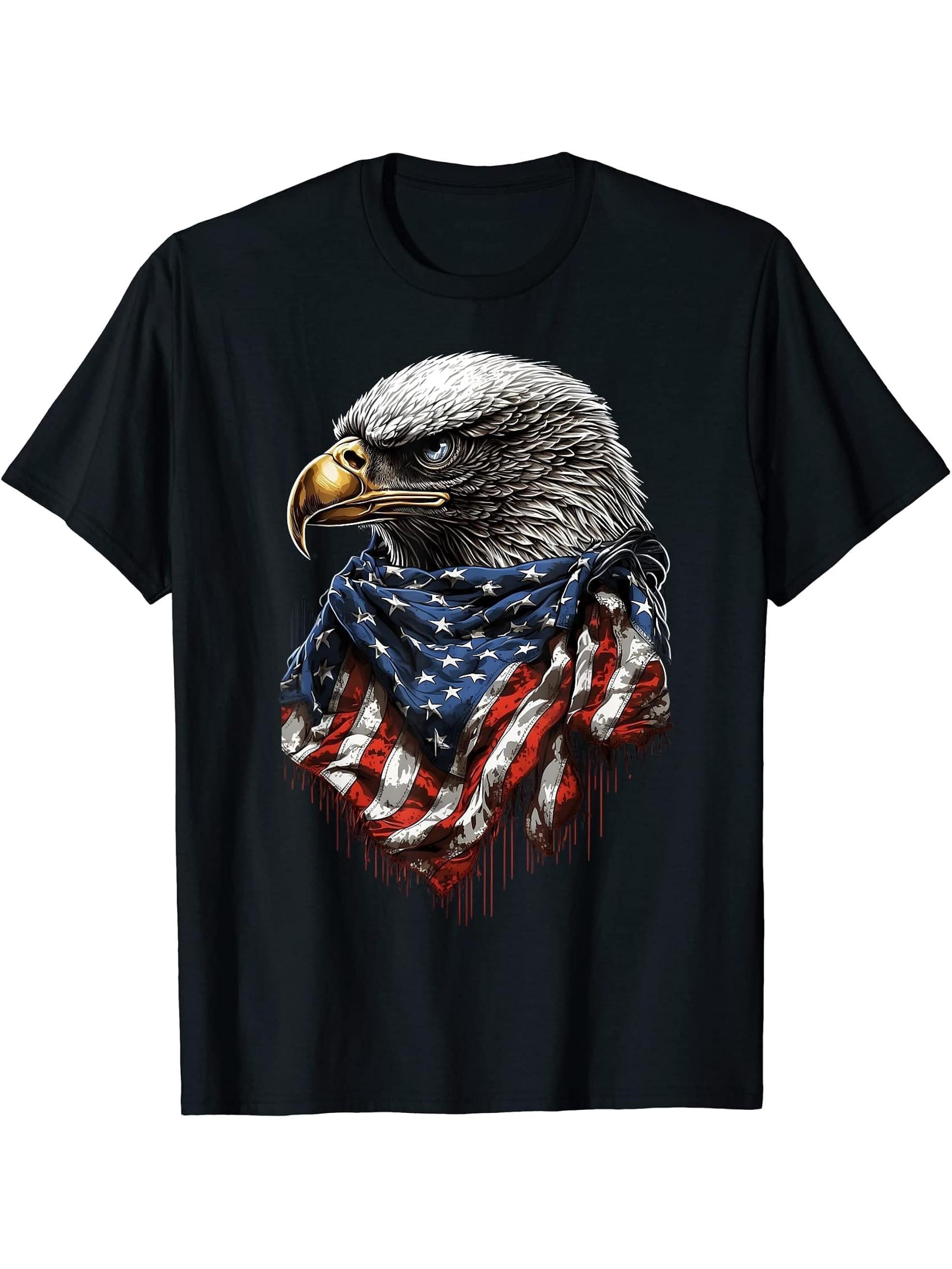 4th Of July Bald Eagle American Flag 4th Of July Patriotic T-Shirt 180G 100% Cotton Printed Round Neck Short-Sleeve T-Shirt, Gifts for Men Dad Husband Grandpa, S-XXXL, Black