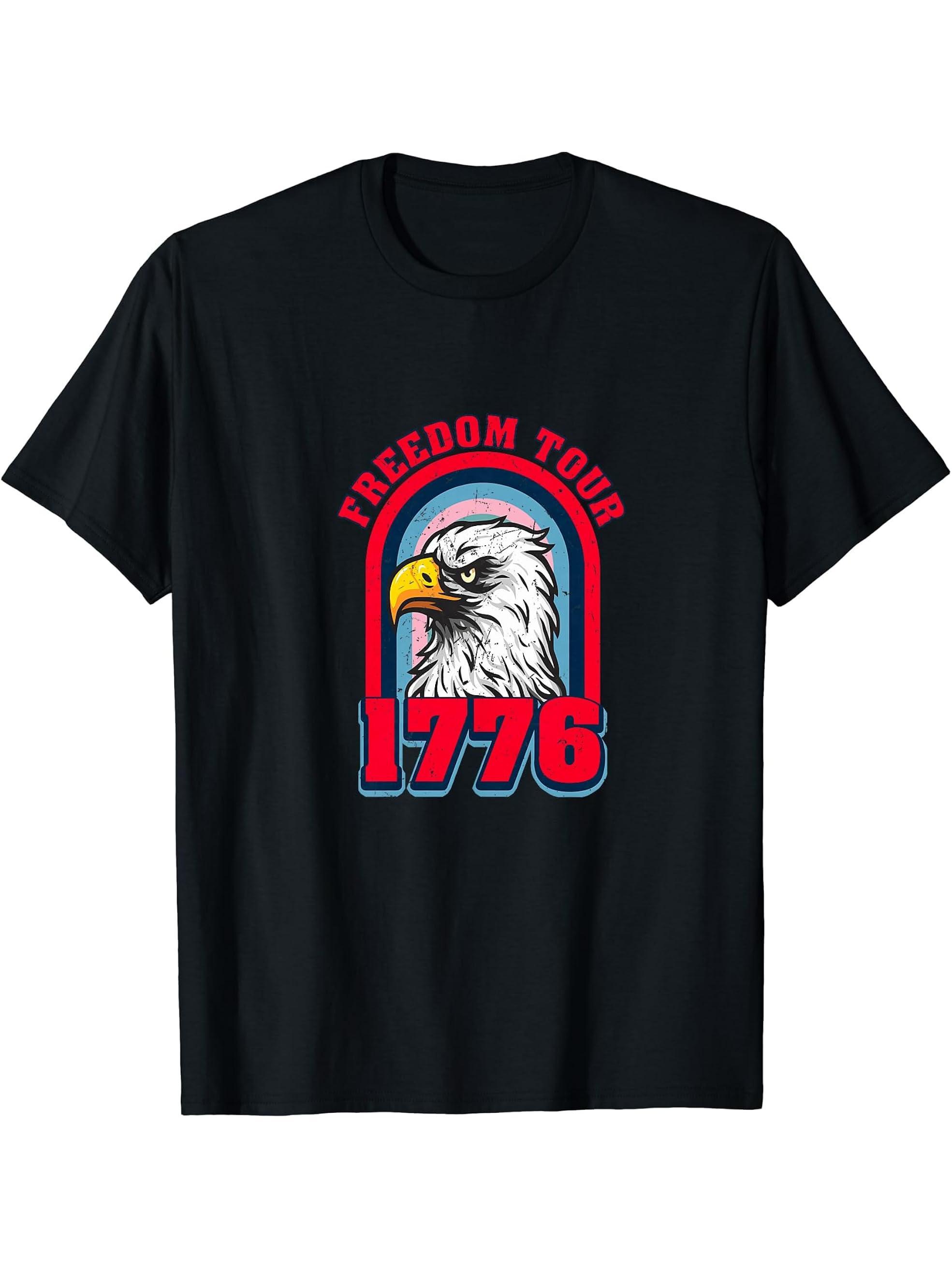 Freedom Tour 1776 Bald Eagle T-Shirt 180G 100% Cotton Printed Round Neck Short-Sleeve T-Shirt, Gifts for Men Dad Husband Grandpa, S-XXXL, Black