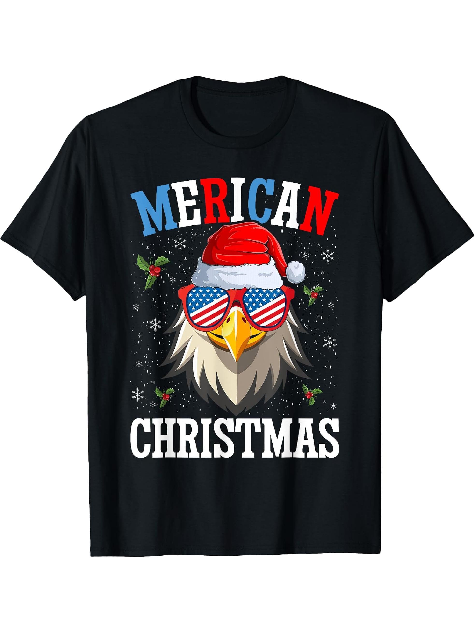 Christmas Bald Eagle Mullet USA Patriotic Christmas Eagle T-Shirt 180G 100% Cotton Printed Round Neck Short-Sleeve T-Shirt, Gifts for Men Dad Husband Grandpa, S-XXXL, Black