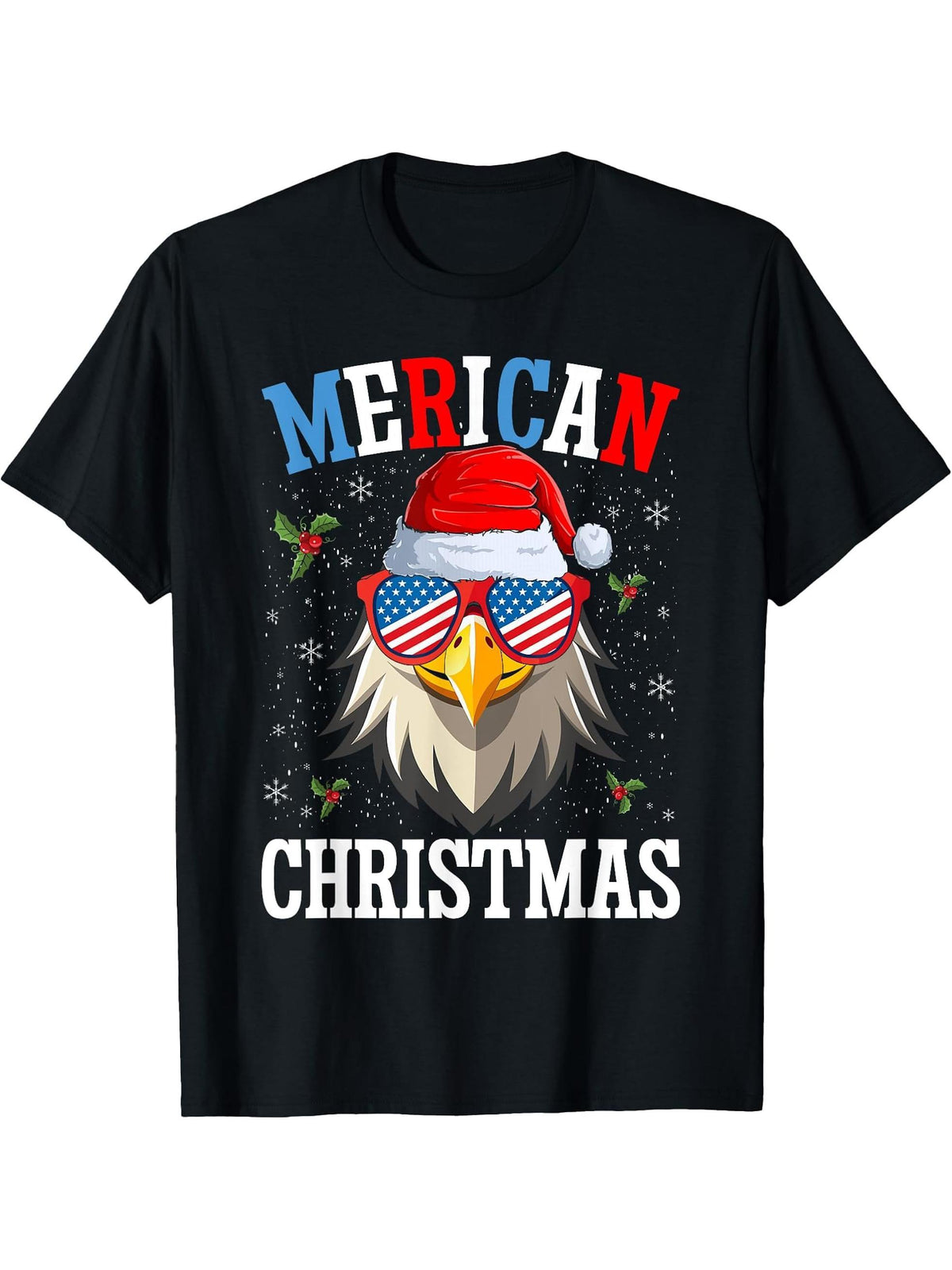 Christmas Bald Eagle Mullet USA Patriotic Christmas Eagle T-Shirt 180G 100% Cotton Printed Round Neck Short-Sleeve T-Shirt, Gifts for Men Dad Husband Grandpa, S-XXXL, Black