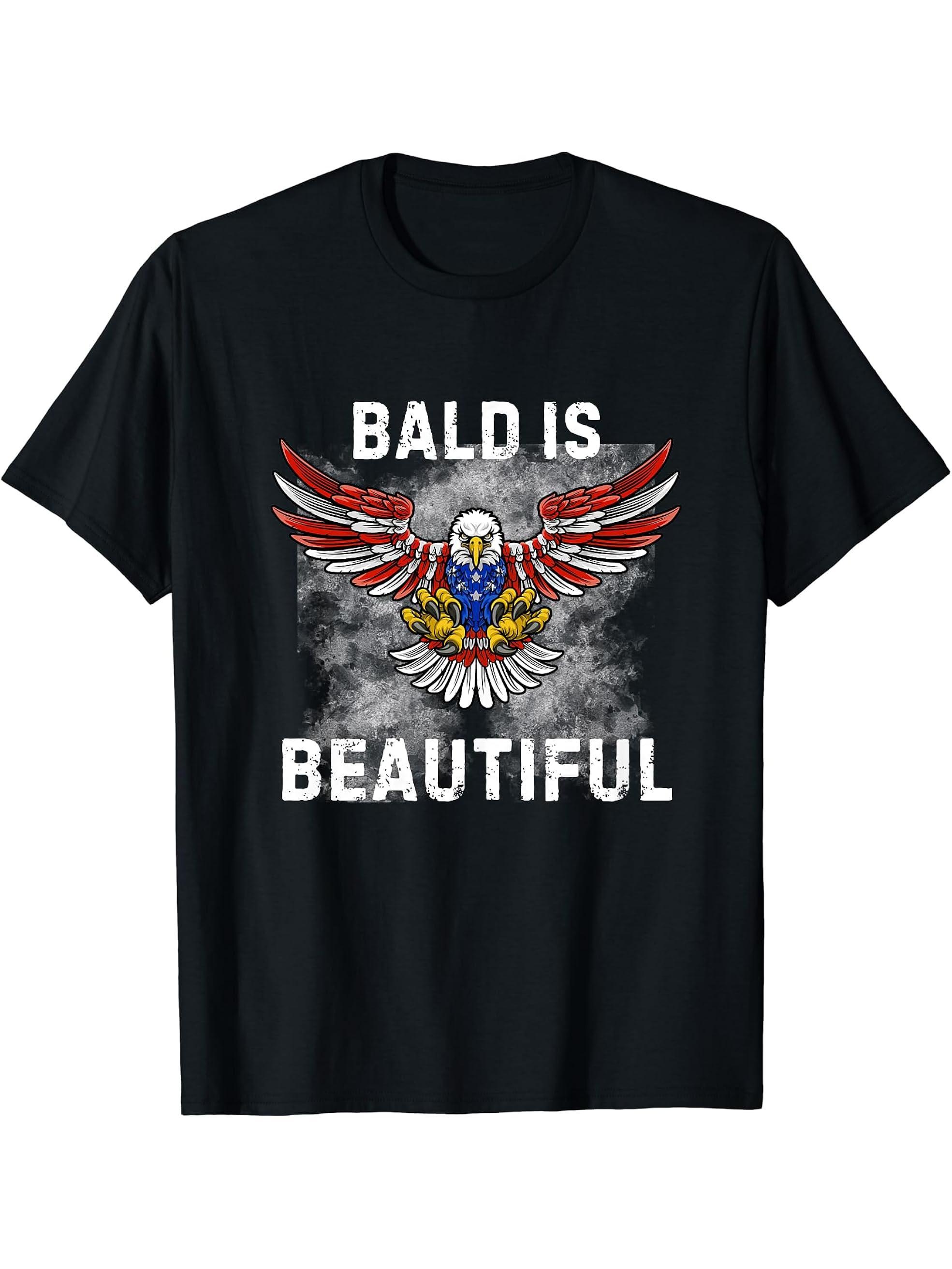 Funny Bald Is Beautiful Patriotic Eagle National Bird T-Shirt 180G 100% Cotton Printed Round Neck Short-Sleeve T-Shirt, Gifts for Men Dad Husband Grandpa, S-XXXL, Black