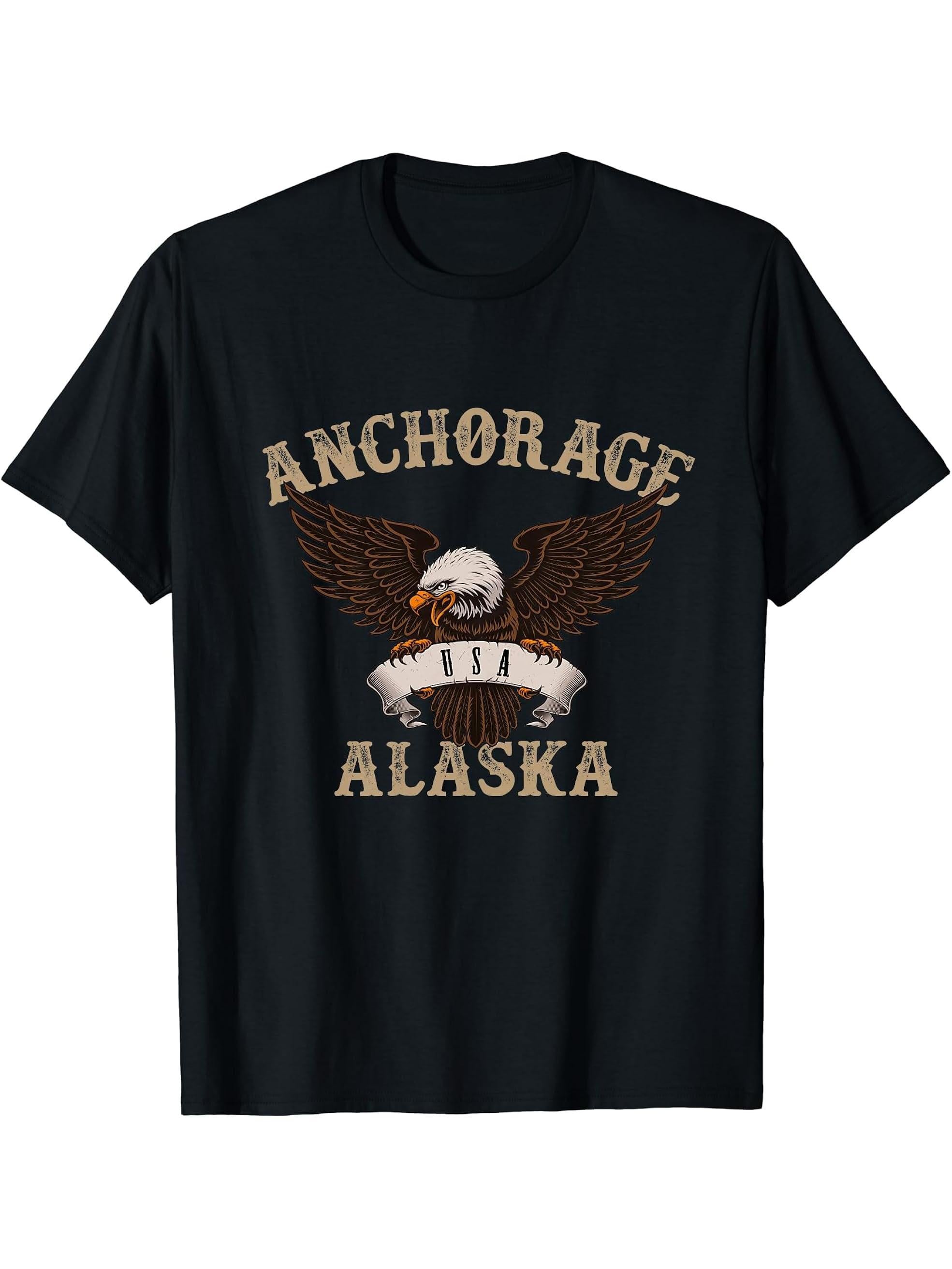 Anchorage Alaska USA Bald Eagle T-Shirt 180G 100% Cotton Printed Round Neck Short-Sleeve T-Shirt, Gifts for Men Dad Husband Grandpa, S-XXXL, Black