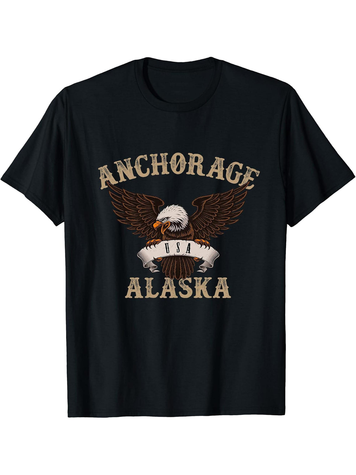 Anchorage Alaska USA Bald Eagle T-Shirt 180G 100% Cotton Printed Round Neck Short-Sleeve T-Shirt, Gifts for Men Dad Husband Grandpa, S-XXXL, Black