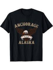 Anchorage Alaska USA Bald Eagle T-Shirt 180G 100% Cotton Printed Round Neck Short-Sleeve T-Shirt, Gifts for Men Dad Husband Grandpa, S-XXXL, Black