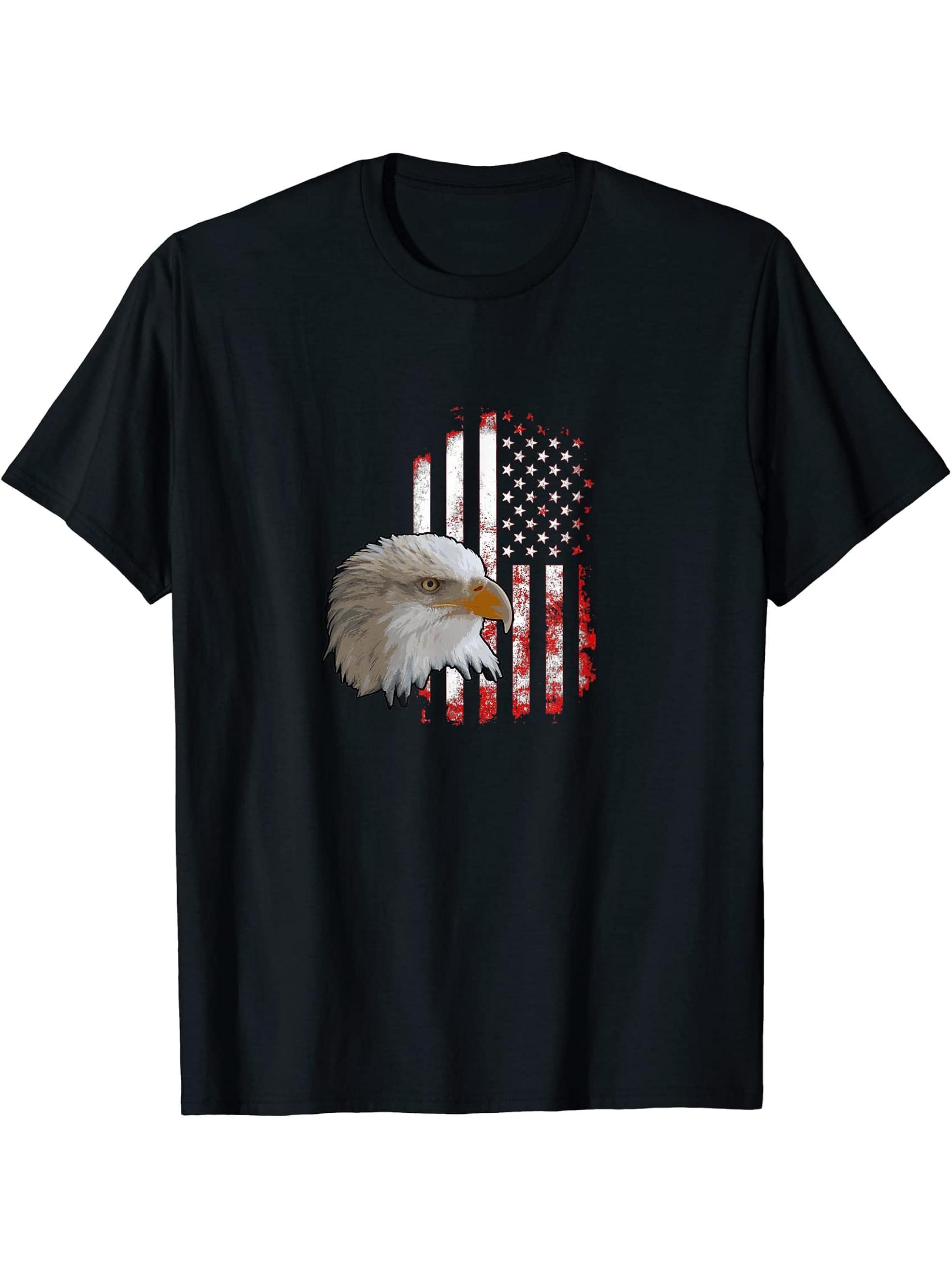 American Flag Bald Eagle Patriotic T-Shirt 180G 100% Cotton Printed Round Neck Short-Sleeve T-Shirt, Gifts for Men Dad Husband Grandpa, S-XXXL, Black