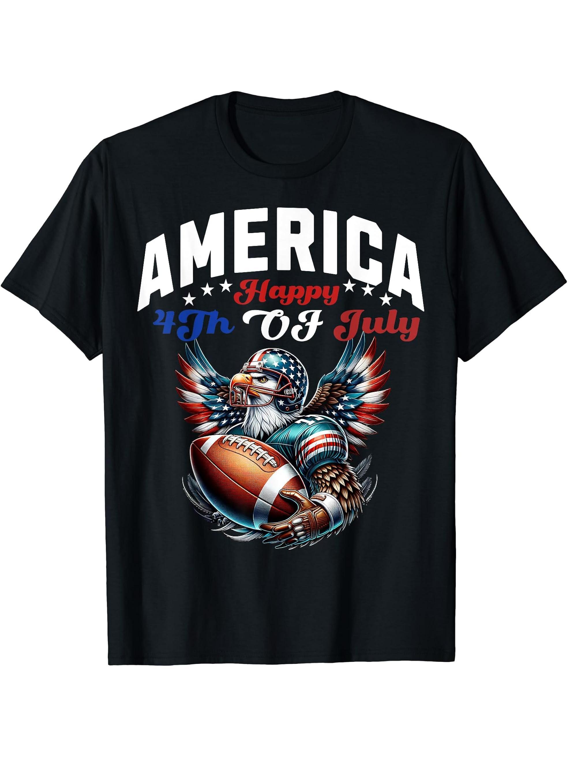 Bald Eagle Football 4th of July America Independence Day T-Shirt 180G 100% Cotton Printed Round Neck Short-Sleeve T-Shirt, Gifts for Men Dad Husband Grandpa, S-XXXL, Black