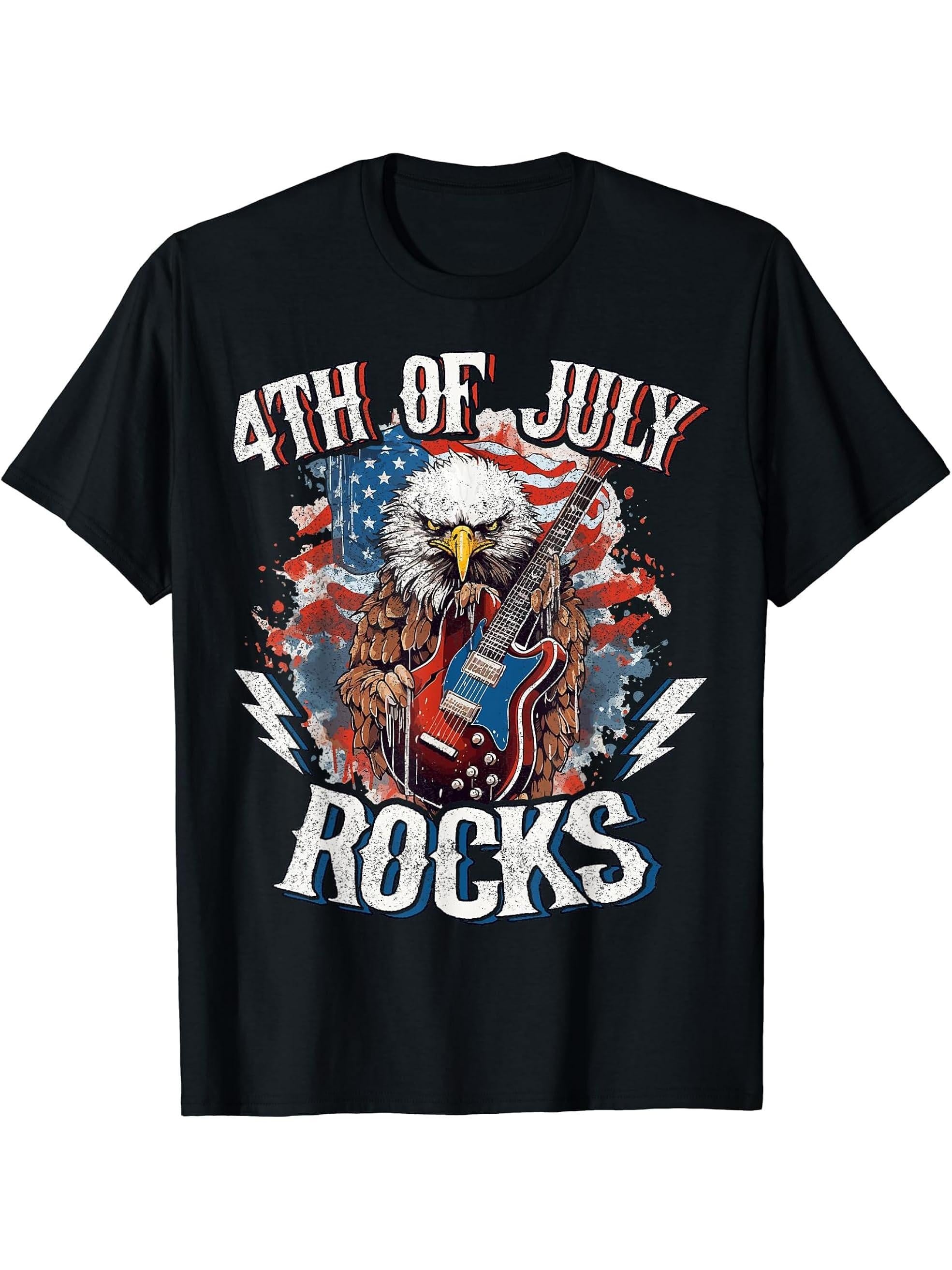 4th Of July Rocks Guitar Bald Eagle Rock Musican T-Shirt 180G 100% Cotton Printed Round Neck Short-Sleeve T-Shirt, Gifts for Men Dad Husband Grandpa, S-XXXL, Black