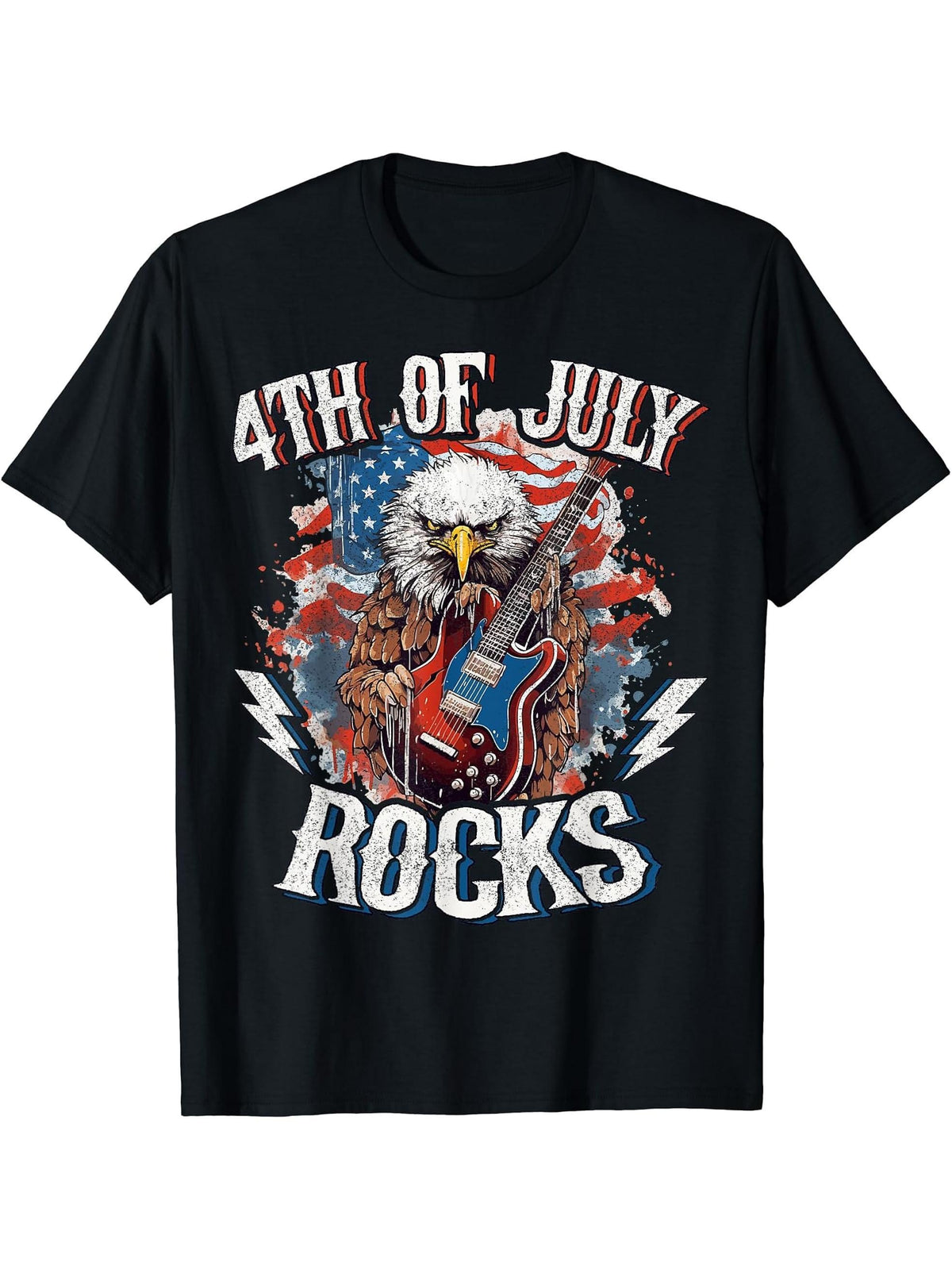 4th Of July Rocks Guitar Bald Eagle Rock Musican T-Shirt 180G 100% Cotton Printed Round Neck Short-Sleeve T-Shirt, Gifts for Men Dad Husband Grandpa, S-XXXL, Black