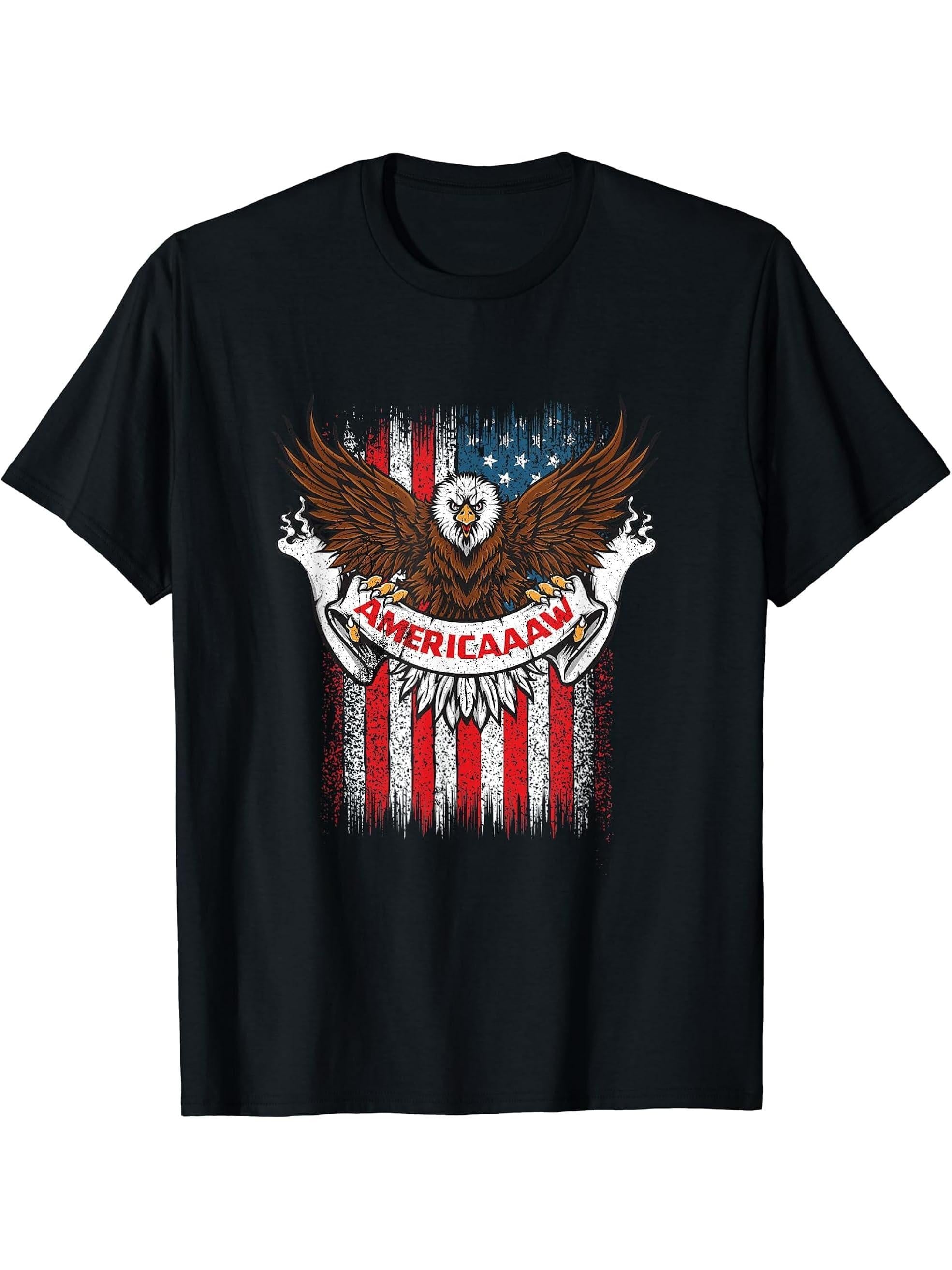 Ameri-caaaw Funny Patriotic Bald Eagle Proud American Humor T-Shirt 180G 100% Cotton Printed Round Neck Short-Sleeve T-Shirt, Gifts for Men Dad Husband Grandpa, S-XXXL, Black