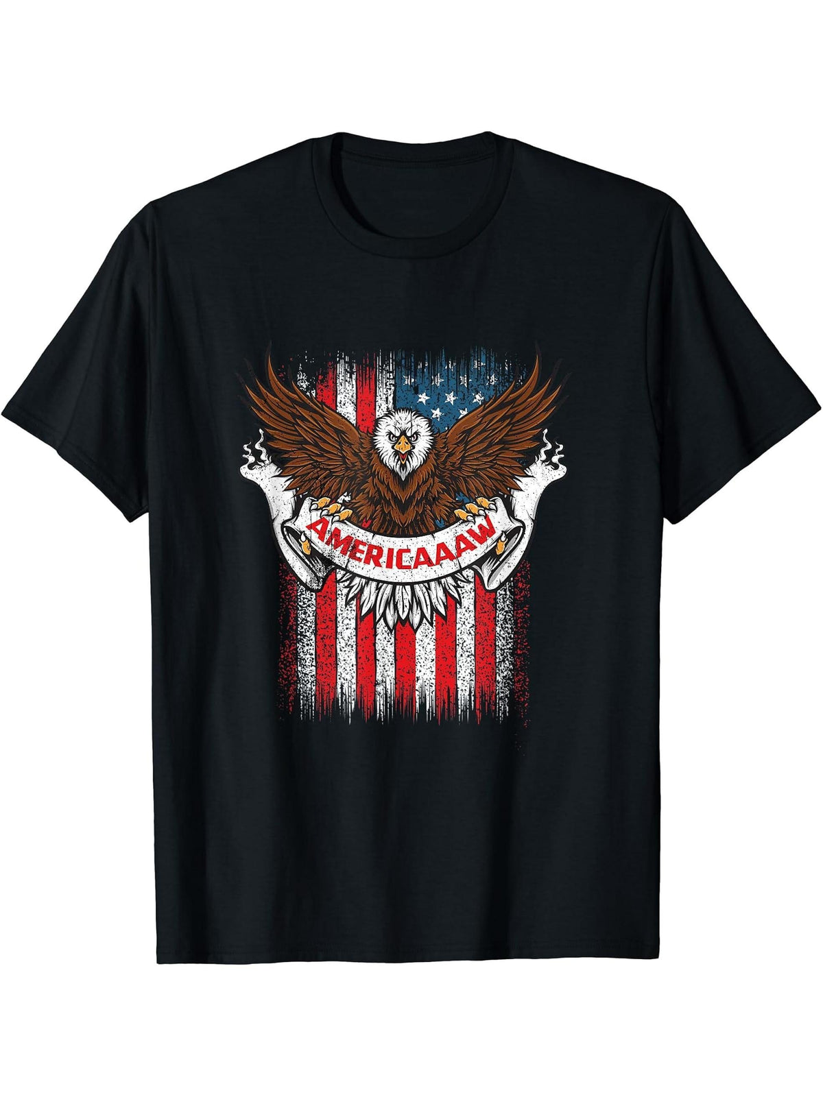 Ameri-caaaw Funny Patriotic Bald Eagle Proud American Humor T-Shirt 180G 100% Cotton Printed Round Neck Short-Sleeve T-Shirt, Gifts for Men Dad Husband Grandpa, S-XXXL, Black