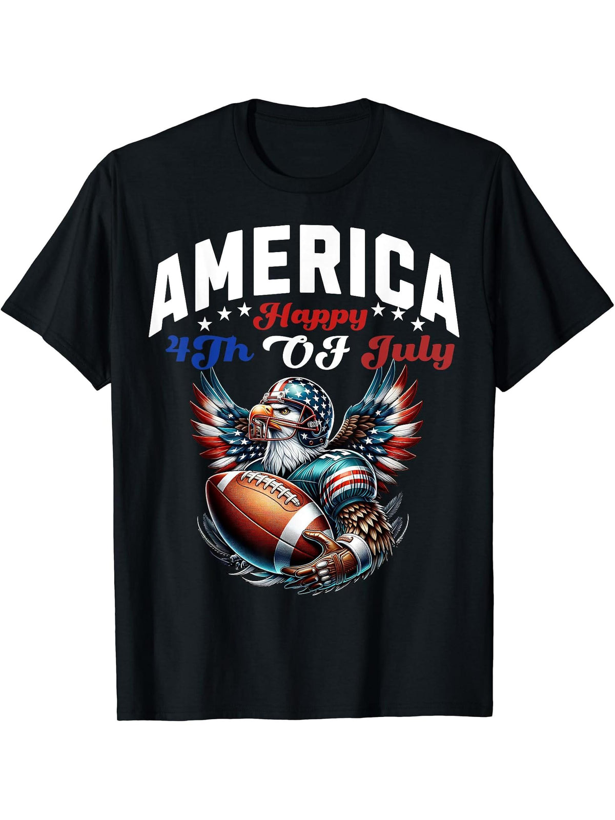 Bald Eagle Football 4th of July America Independence Day T-Shirt 180G 100% Cotton Printed Round Neck Short-Sleeve T-Shirt, Gifts for Men Dad Husband Grandpa, S-XXXL, Black