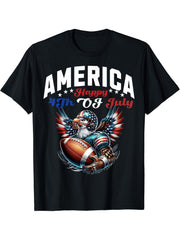 Bald Eagle Football 4th of July America Independence Day T-Shirt 180G 100% Cotton Printed Round Neck Short-Sleeve T-Shirt, Gifts for Men Dad Husband Grandpa, S-XXXL, Black