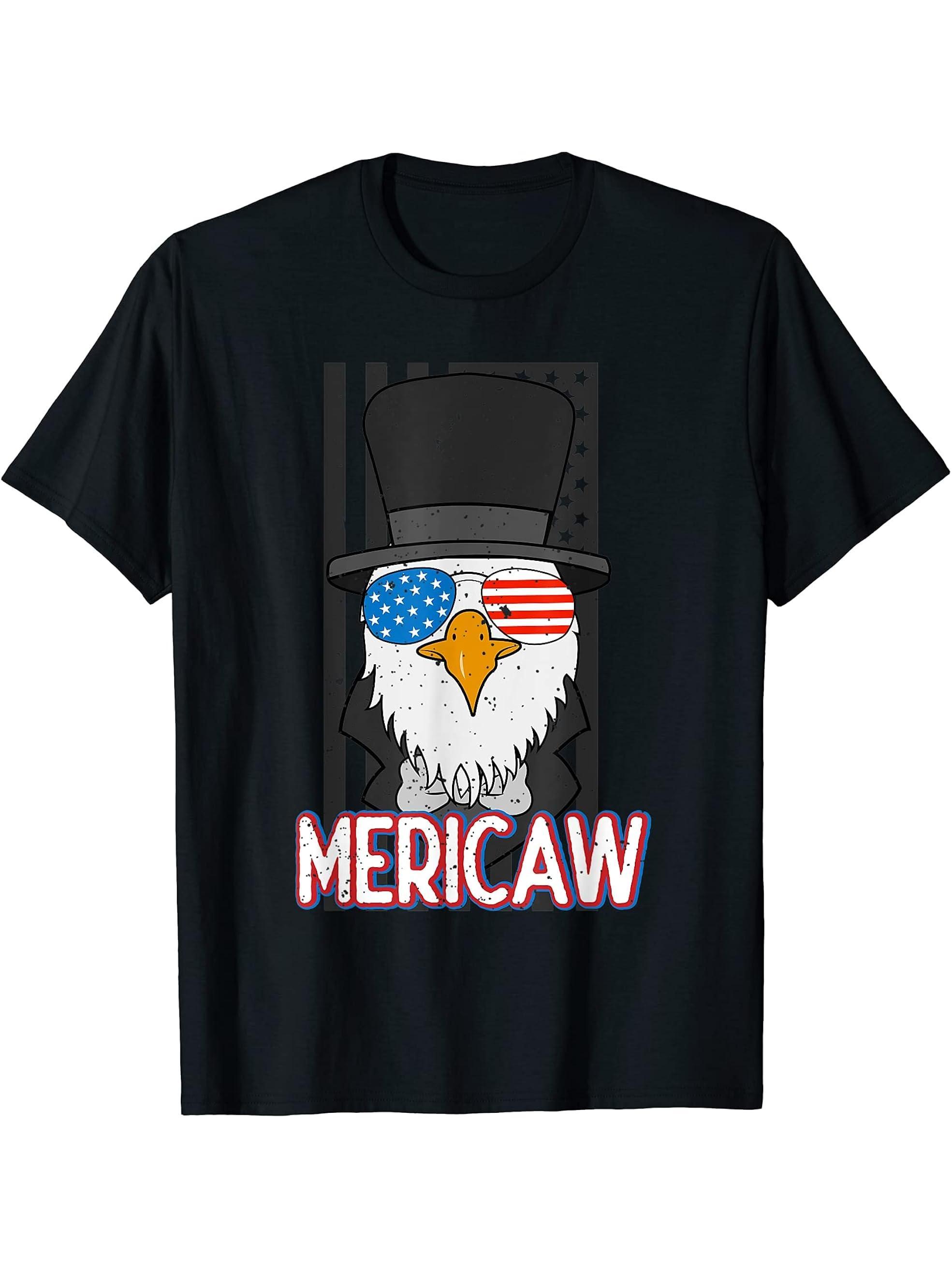 Funny Mericaw Bald Eagle 4th of July Lincoln American Flag T-Shirt 180G 100% Cotton Printed Round Neck Short-Sleeve T-Shirt, Gifts for Men Dad Husband Grandpa, S-XXXL, Black