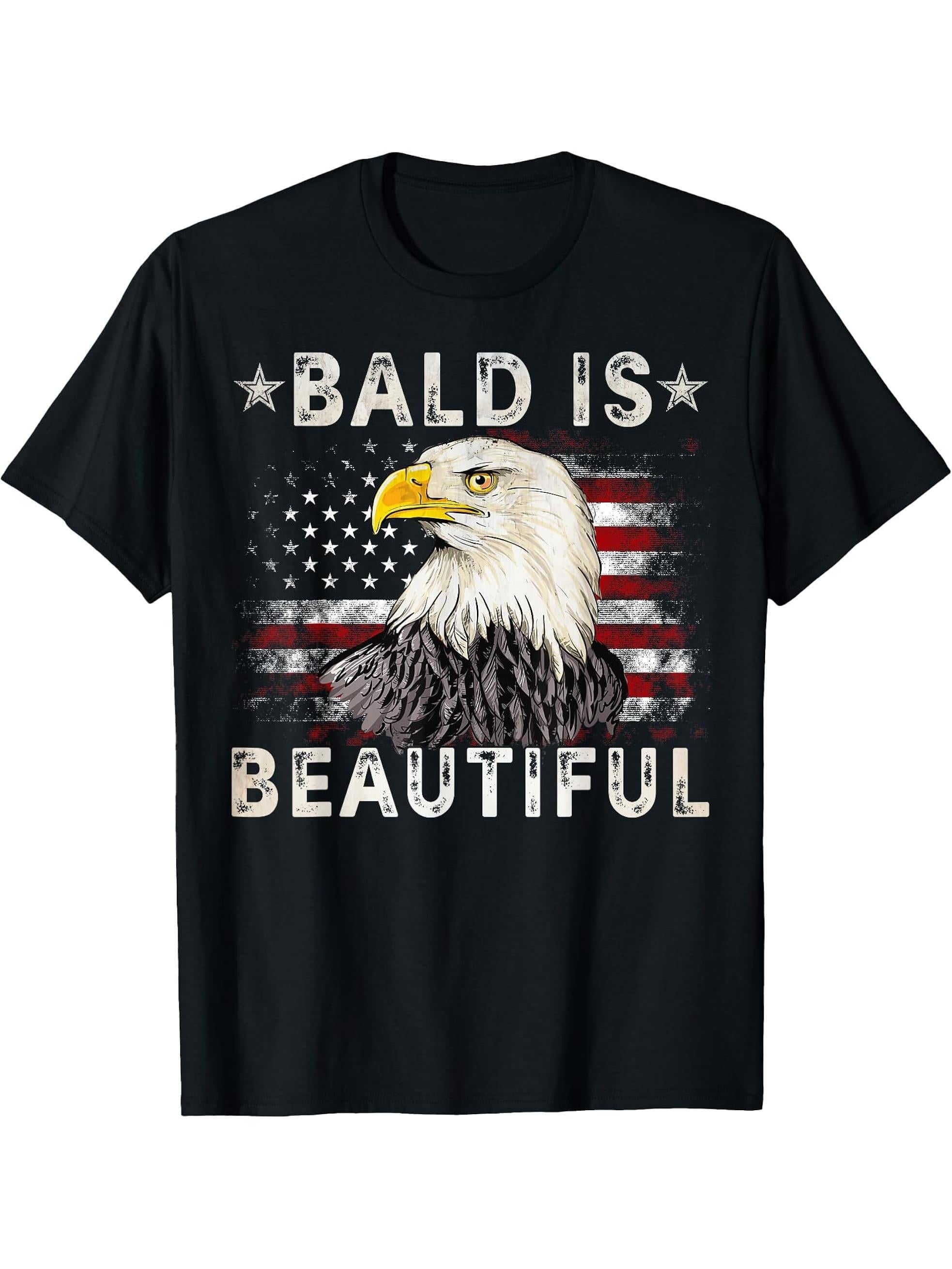 Bald Is Beautiful 4th of July Independence Day America Eagle T-Shirt 180G 100% Cotton Printed Round Neck Short-Sleeve T-Shirt, Gifts for Men Dad Husband Grandpa, S-XXXL, Black