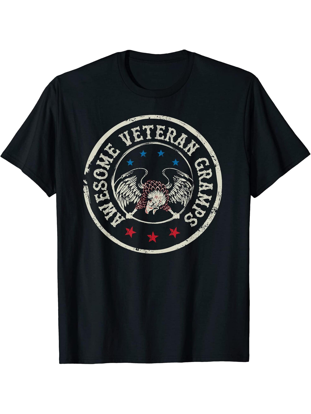 Awesome Veteran Gramps Bald Eagle Grandpa Patriotic T-Shirt T-Shirt 180G 100% Cotton Printed Round Neck Short-Sleeve T-Shirt, Gifts for Men Dad Husband Grandpa, S-XXXL, Black