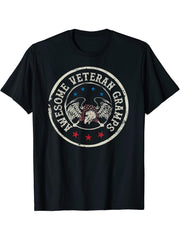 Awesome Veteran Gramps Bald Eagle Grandpa Patriotic T-Shirt T-Shirt 180G 100% Cotton Printed Round Neck Short-Sleeve T-Shirt, Gifts for Men Dad Husband Grandpa, S-XXXL, Black