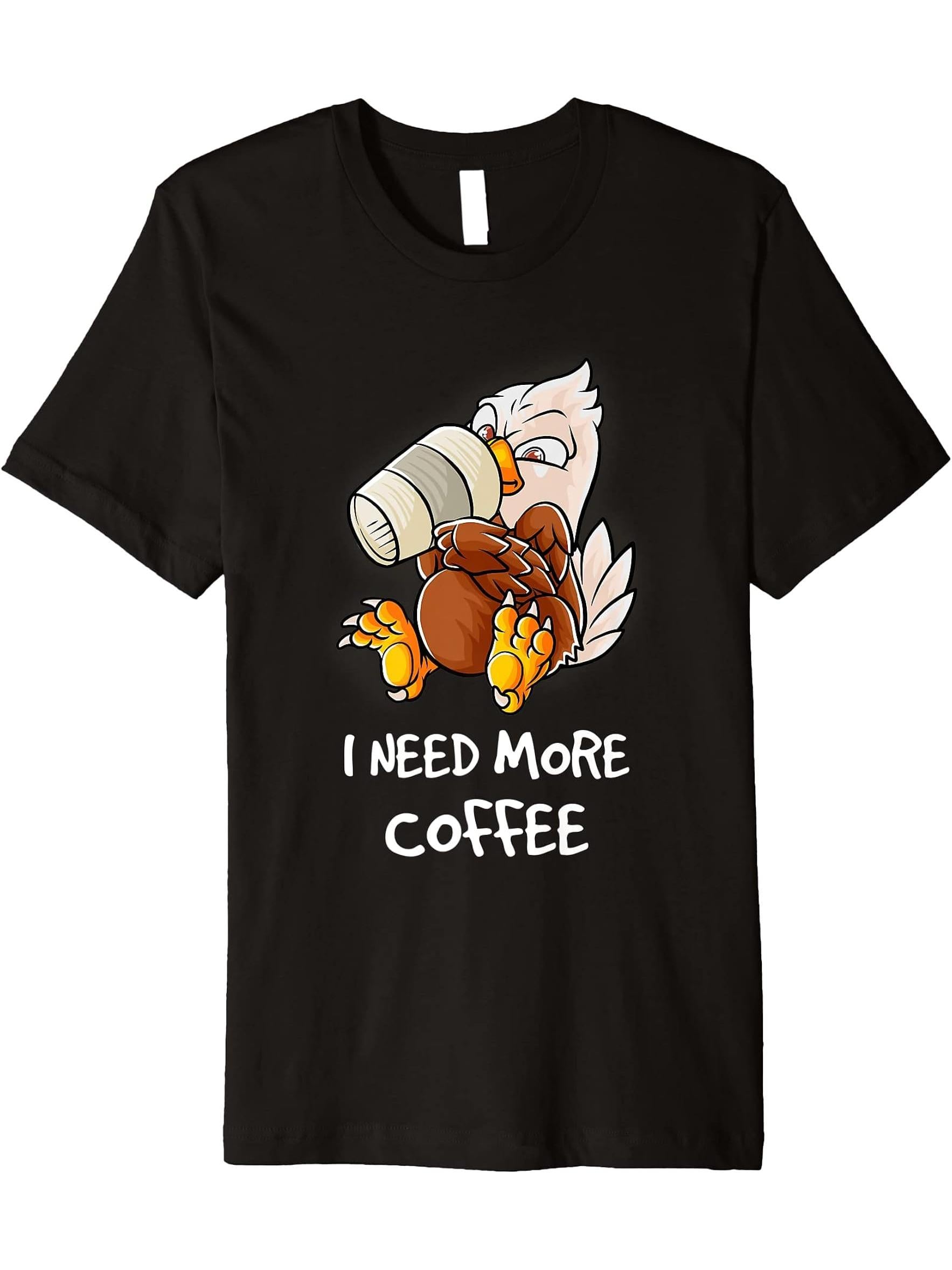 I Need More Coffee In My Mug Caffeine Nerd Funny Bald Eagle Premium T-Shirt 180G 100% Cotton Printed Round Neck Short-Sleeve T-Shirt, Gifts for Men Dad Husband Grandpa, S-XXXL, Black