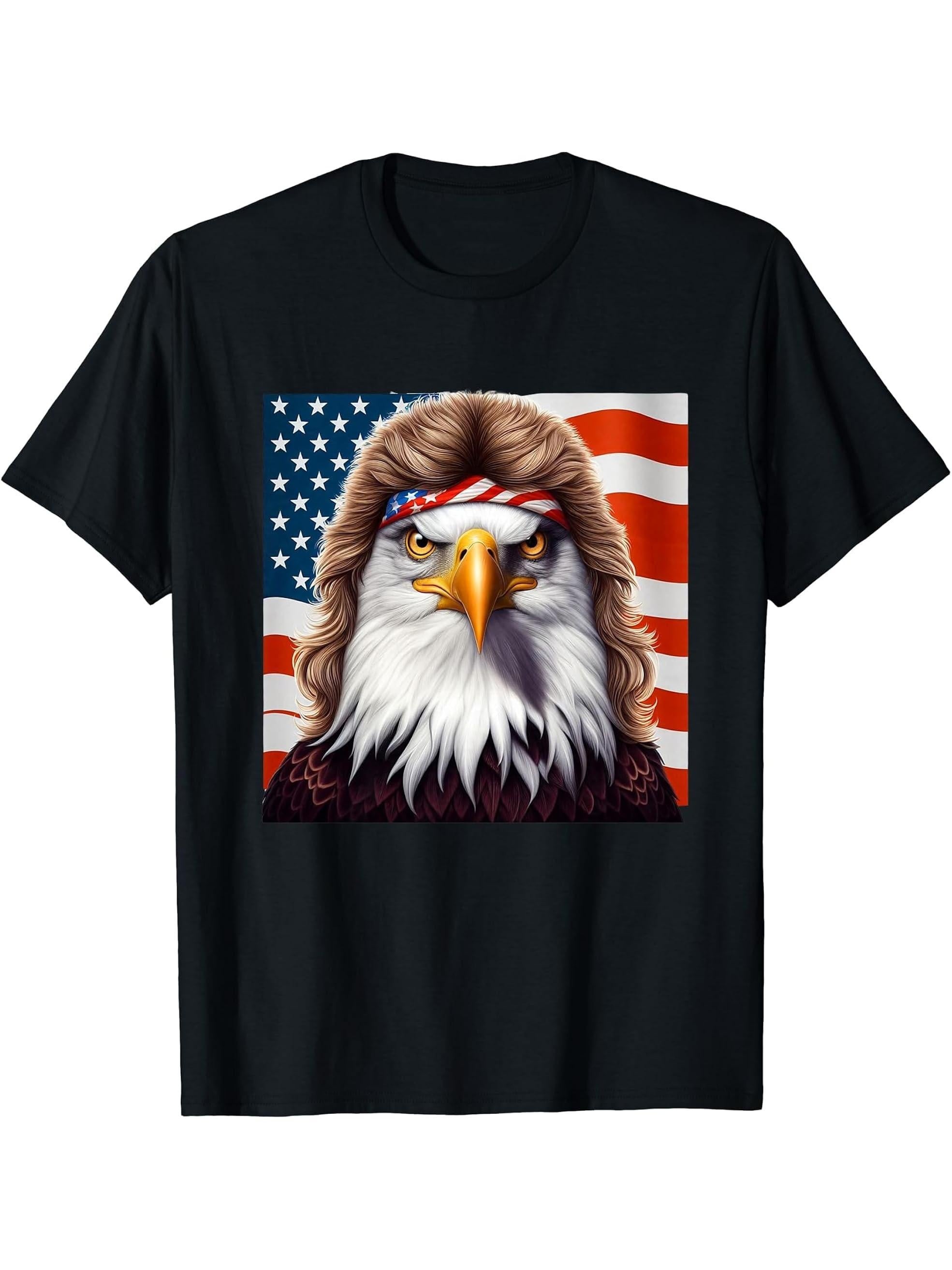 Freedom's Mullet American Patriotic Mullet Bald Eagle T-Shirt 180G 100% Cotton Printed Round Neck Short-Sleeve T-Shirt, Gifts for Men Dad Husband Grandpa, S-XXXL, Black
