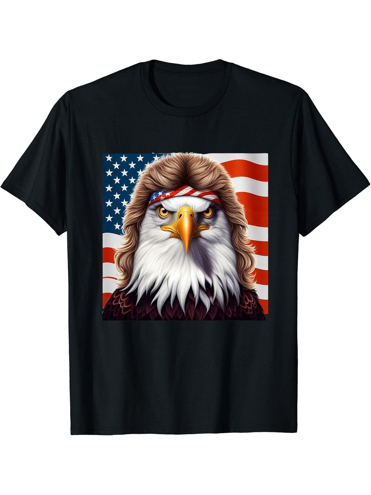 Freedom's Mullet American Patriotic Mullet Bald Eagle T-Shirt 180G 100% Cotton Printed Round Neck Short-Sleeve T-Shirt, Gifts for Men Dad Husband Grandpa, S-XXXL, Black