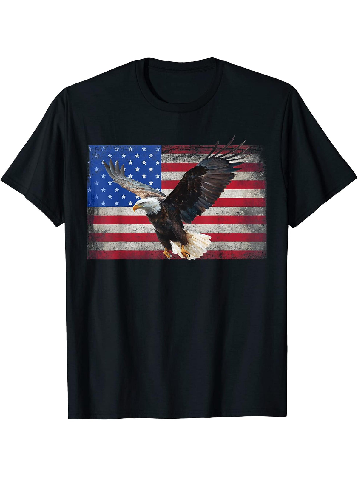 Bald Eagle USA American Flag Country 4th of July men women T-Shirt 180G 100% Cotton Printed Round Neck Short-Sleeve T-Shirt, Gifts for Men Dad Husband Grandpa, S-XXXL, Black