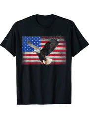 Bald Eagle USA American Flag Country 4th of July men women T-Shirt 180G 100% Cotton Printed Round Neck Short-Sleeve T-Shirt, Gifts for Men Dad Husband Grandpa, S-XXXL, Black