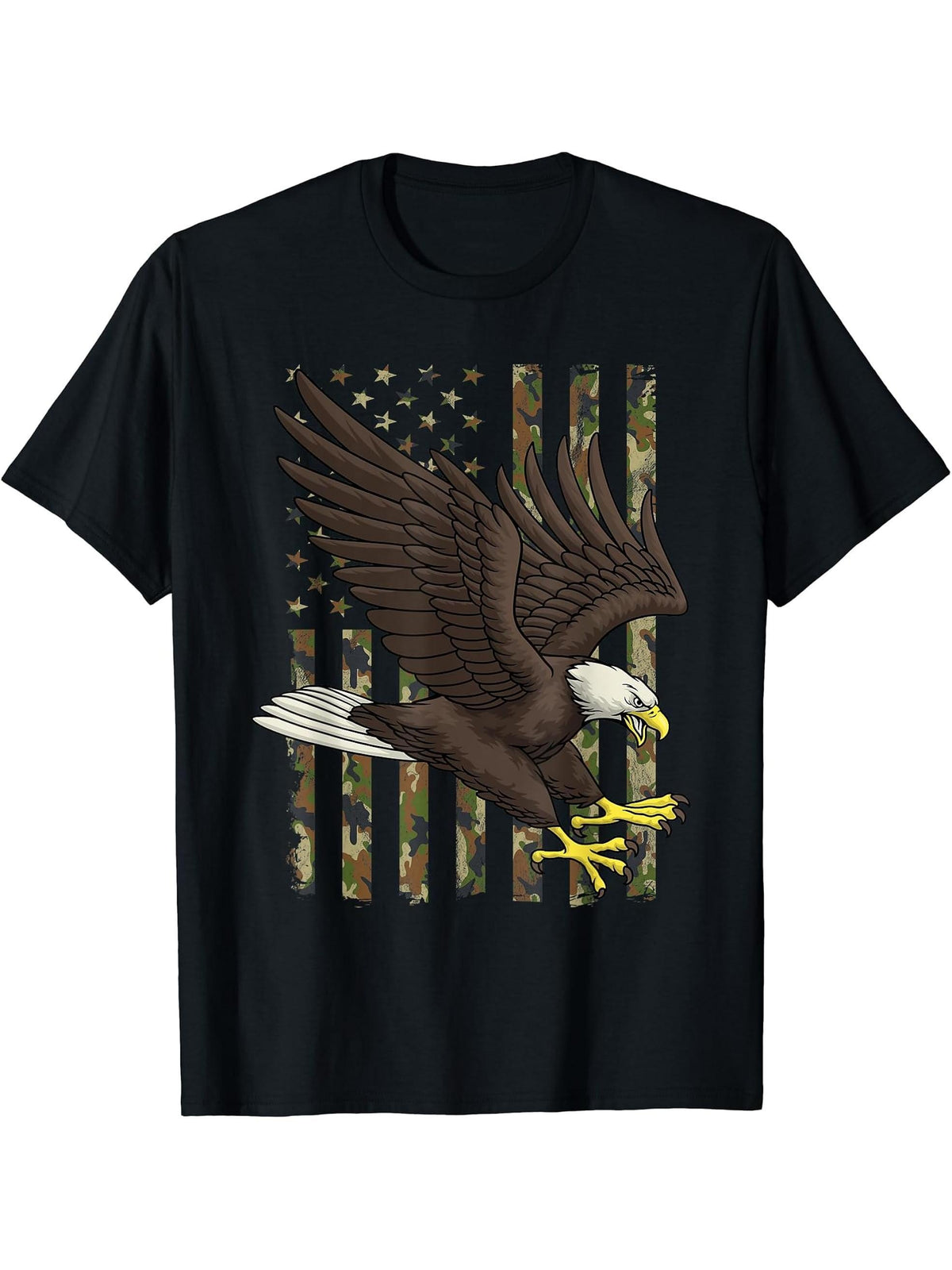 Bald Eagle Camouflage Vintage Distressed Hunter Dad Grandpa T-Shirt 180G 100% Cotton Printed Round Neck Short-Sleeve T-Shirt, Gifts for Men Dad Husband Grandpa, S-XXXL, Black