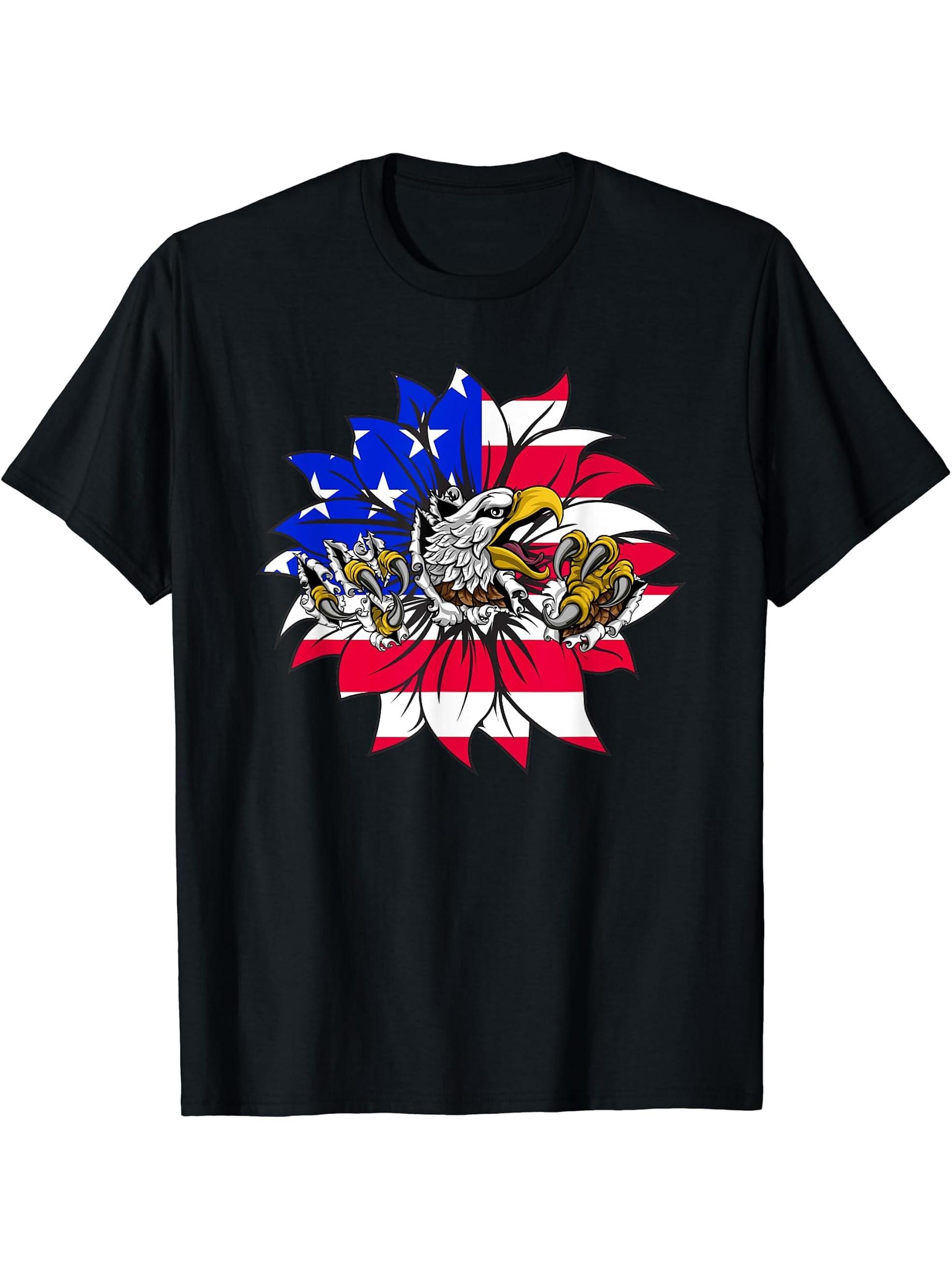 Funny Bald Eagle USA Flag 4th Of July Memorial Day Sunflower T-Shirt 180G 100% Cotton Printed Round Neck Short-Sleeve T-Shirt, Gifts for Men Dad Husband Grandpa, S-XXXL, Black