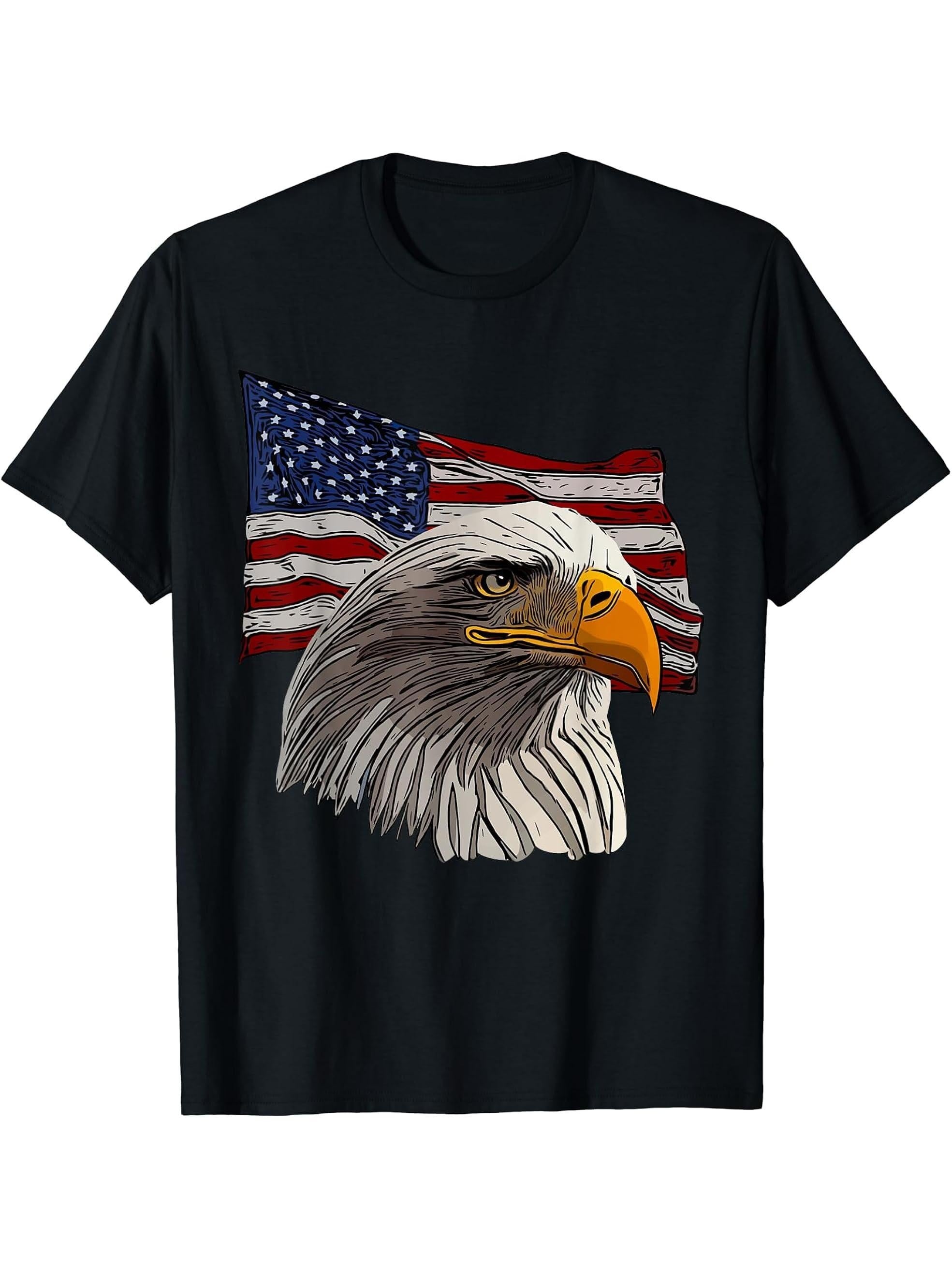 Bald Eagle American National Symbol Animal Patriotic Freedom T-Shirt 180G 100% Cotton Printed Round Neck Short-Sleeve T-Shirt, Gifts for Men Dad Husband Grandpa, S-XXXL, Black