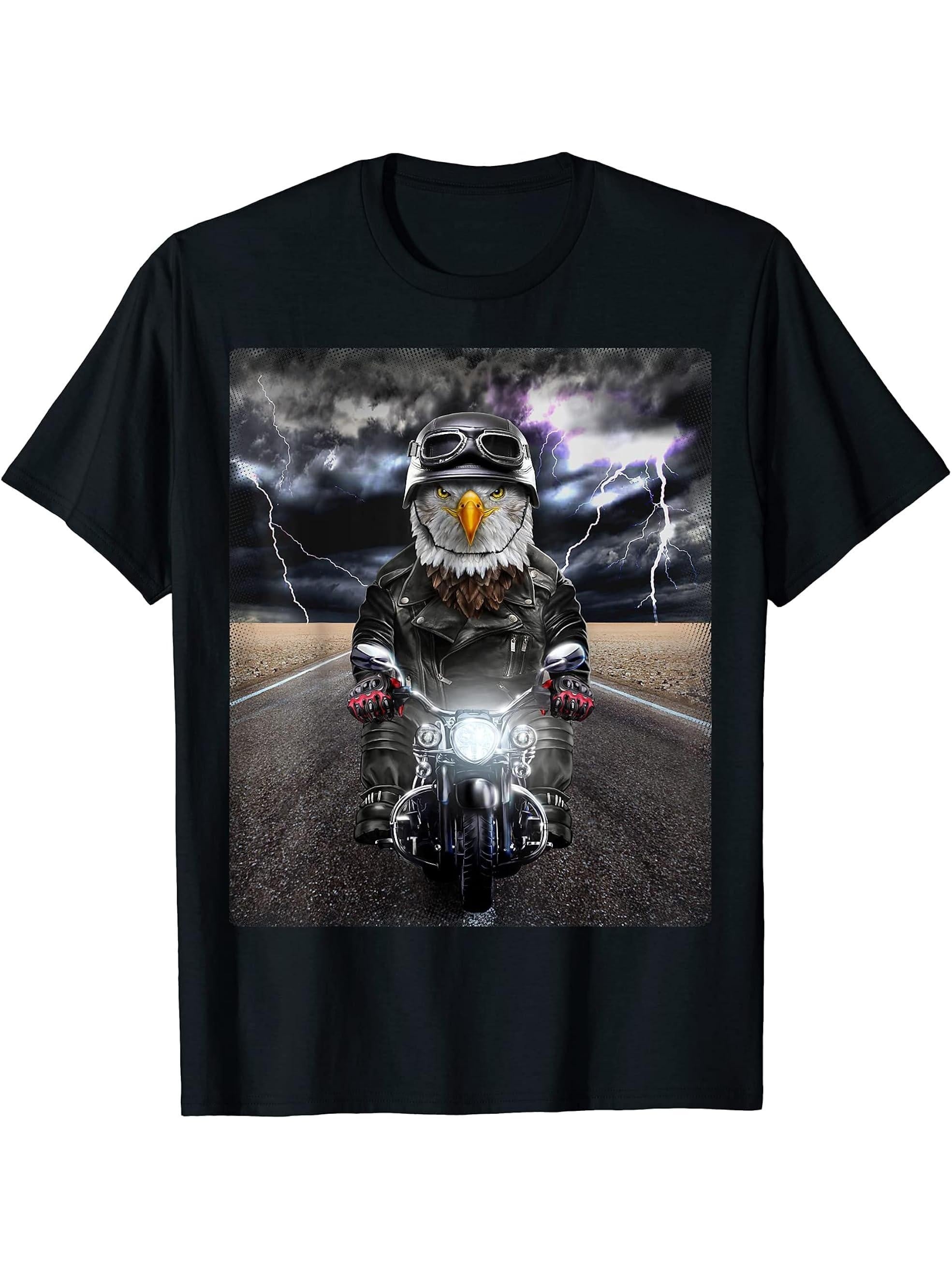 Bald Eagle on Motorcycle Cruise Down Highway - T-Shirt 180G 100% Cotton Printed Round Neck Short-Sleeve T-Shirt, Gifts for Men Dad Husband Grandpa, S-XXXL, Black