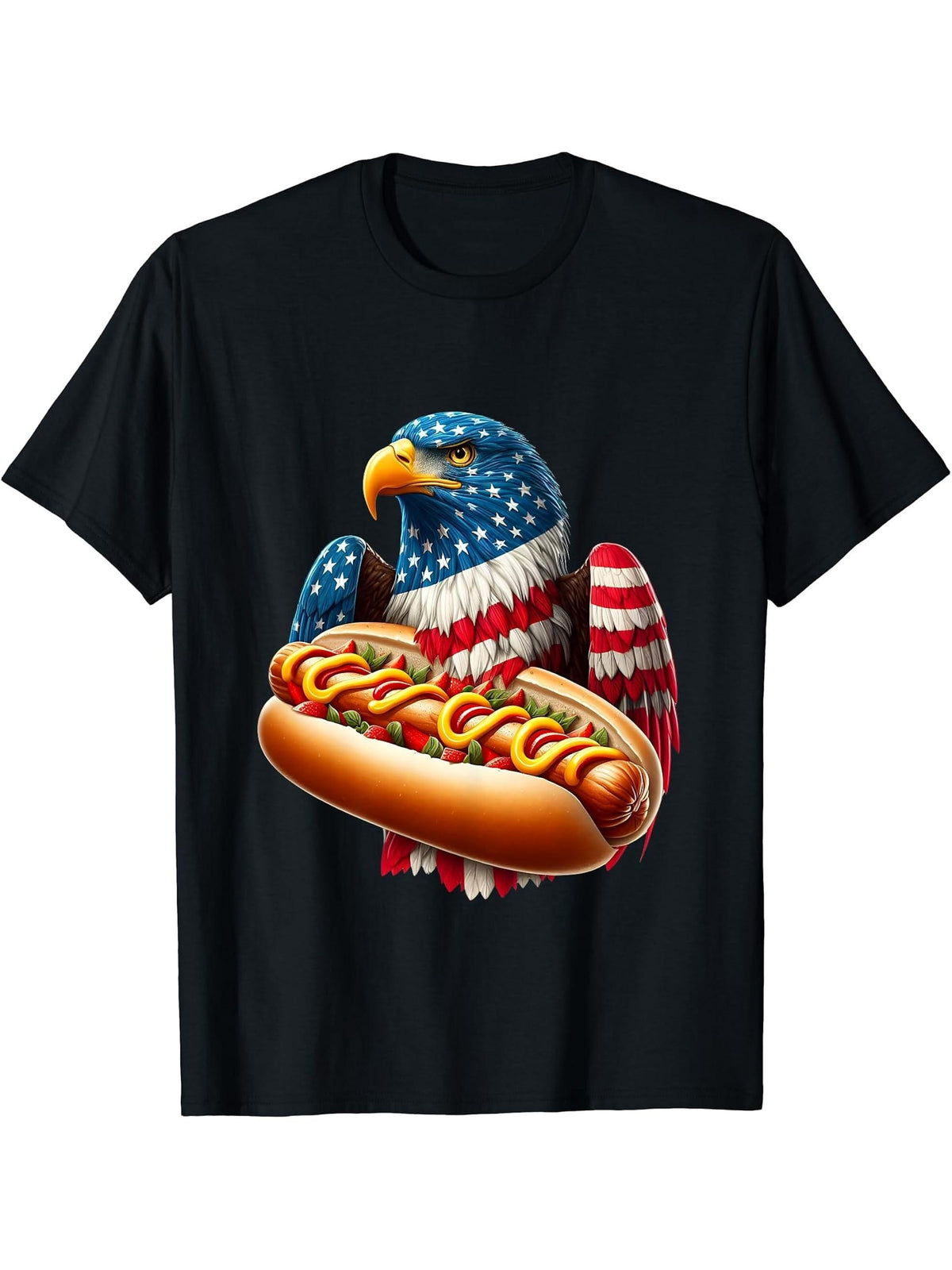 Funny Patriotic Bald Eagle Hotdog American Flag 4th Of July T-Shirt 180G 100% Cotton Printed Round Neck Short-Sleeve T-Shirt, Gifts for Men Dad Husband Grandpa, S-XXXL, Black