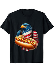Funny Patriotic Bald Eagle Hotdog American Flag 4th Of July T-Shirt 180G 100% Cotton Printed Round Neck Short-Sleeve T-Shirt, Gifts for Men Dad Husband Grandpa, S-XXXL, Black