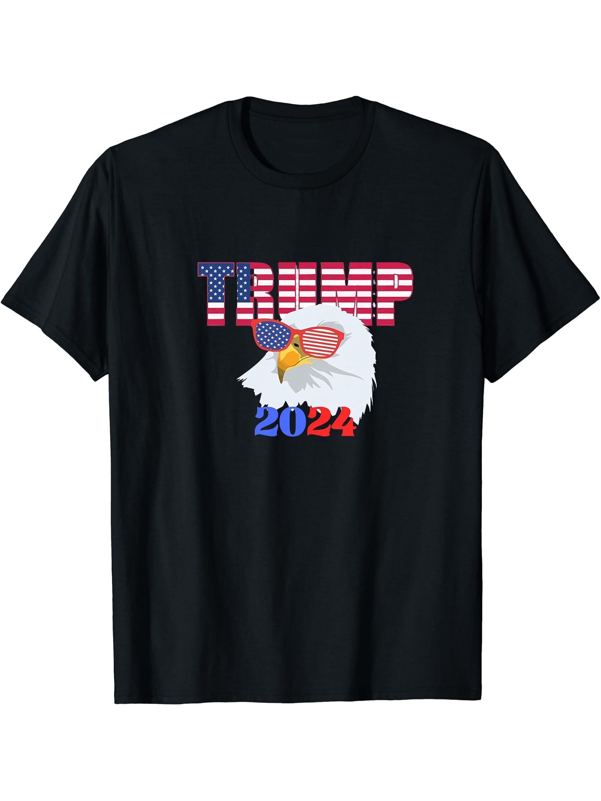 bald eagle, trump americain flag 2024 T-Shirt 180G 100% Cotton Printed Round Neck Short-Sleeve T-Shirt, Gifts for Men Dad Husband Grandpa, S-XXXL, Black