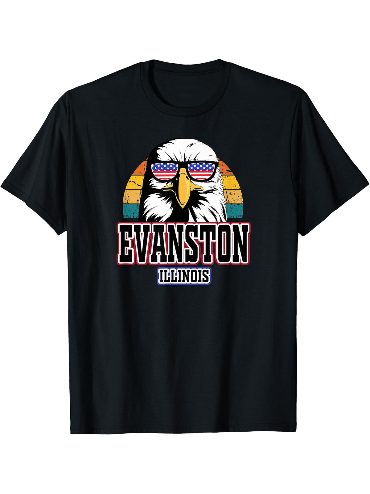 Evanston Illinois USA American Flag Men Women Boy Girl Bald Eagle T-Shirt 180G 100% Cotton Printed Round Neck Short-Sleeve T-Shirt, Gifts for Men Dad Husband Grandpa, S-XXXL, Black