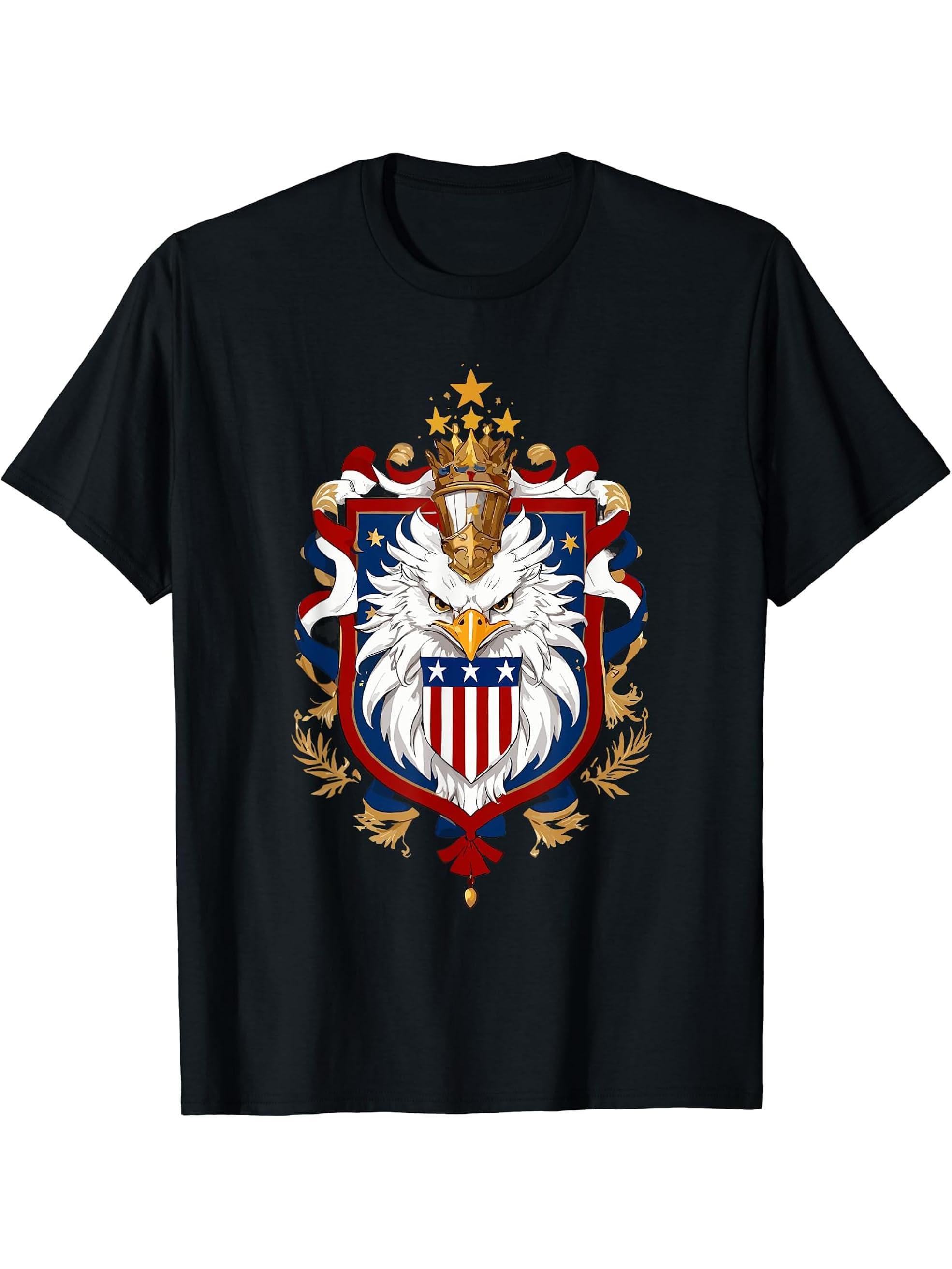 American Bald Eagle Heraldry Patriotic Holiday T-Shirt 180G 100% Cotton Printed Round Neck Short-Sleeve T-Shirt, Gifts for Men Dad Husband Grandpa, S-XXXL, Black