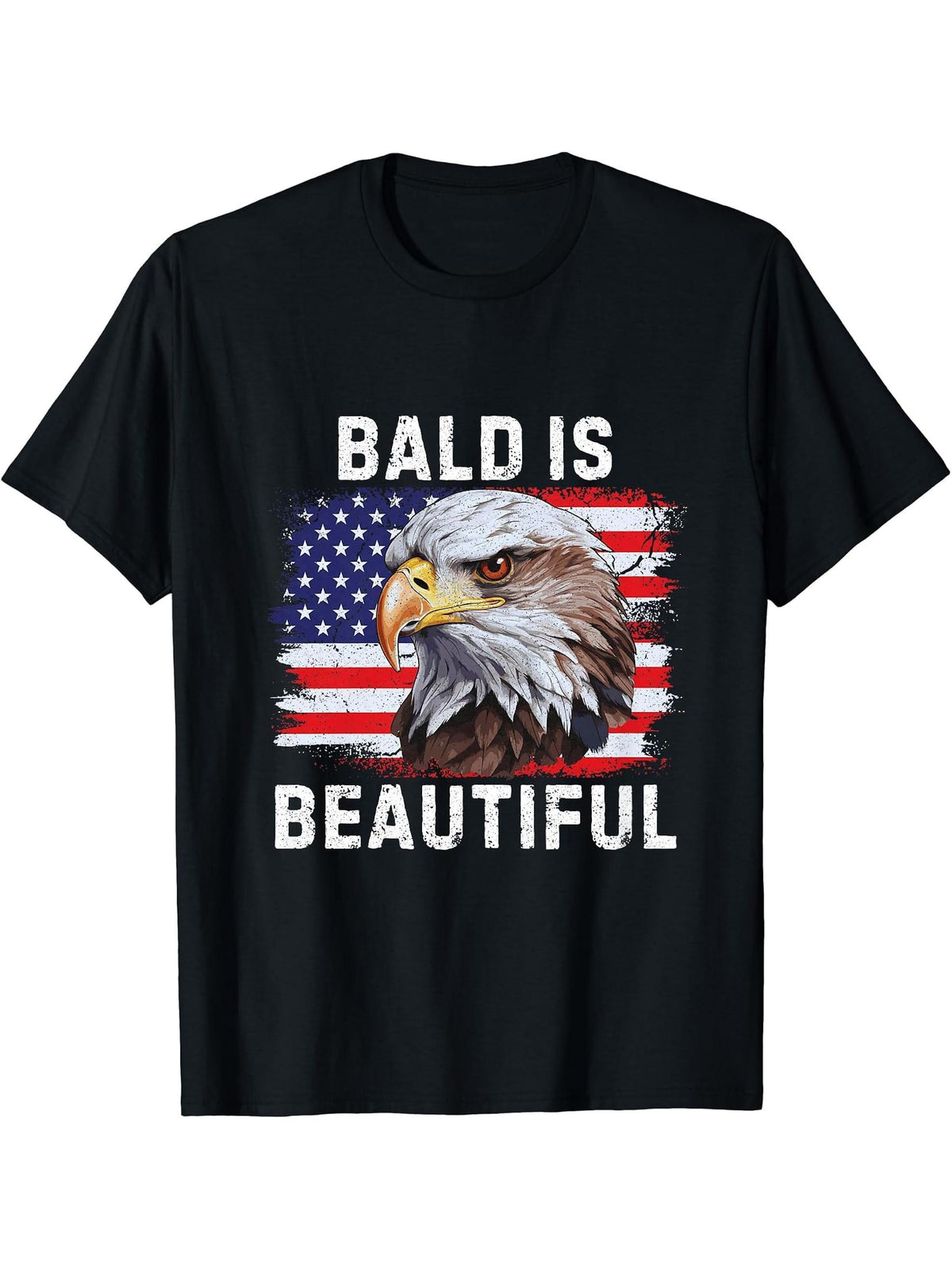 Bald is Beautiful American Bald Eagle 4th of July Vintage T-Shirt 180G 100% Cotton Printed Round Neck Short-Sleeve T-Shirt, Gifts for Men Dad Husband Grandpa, S-XXXL, Black