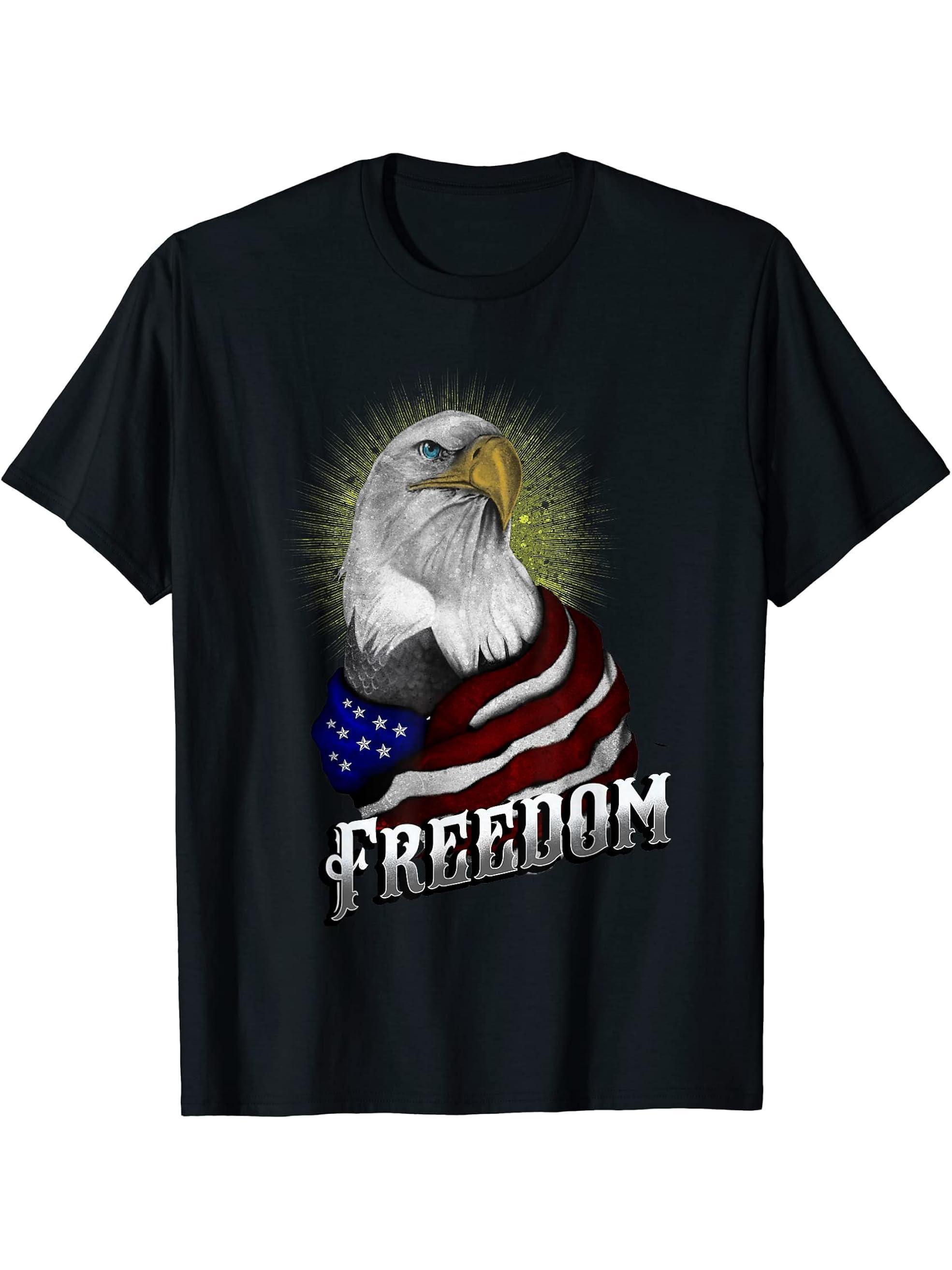 American Flag and Bald Eagle Patriotic Shirt T-Shirt 180G 100% Cotton Printed Round Neck Short-Sleeve T-Shirt, Gifts for Men Dad Husband Grandpa, S-XXXL, Black