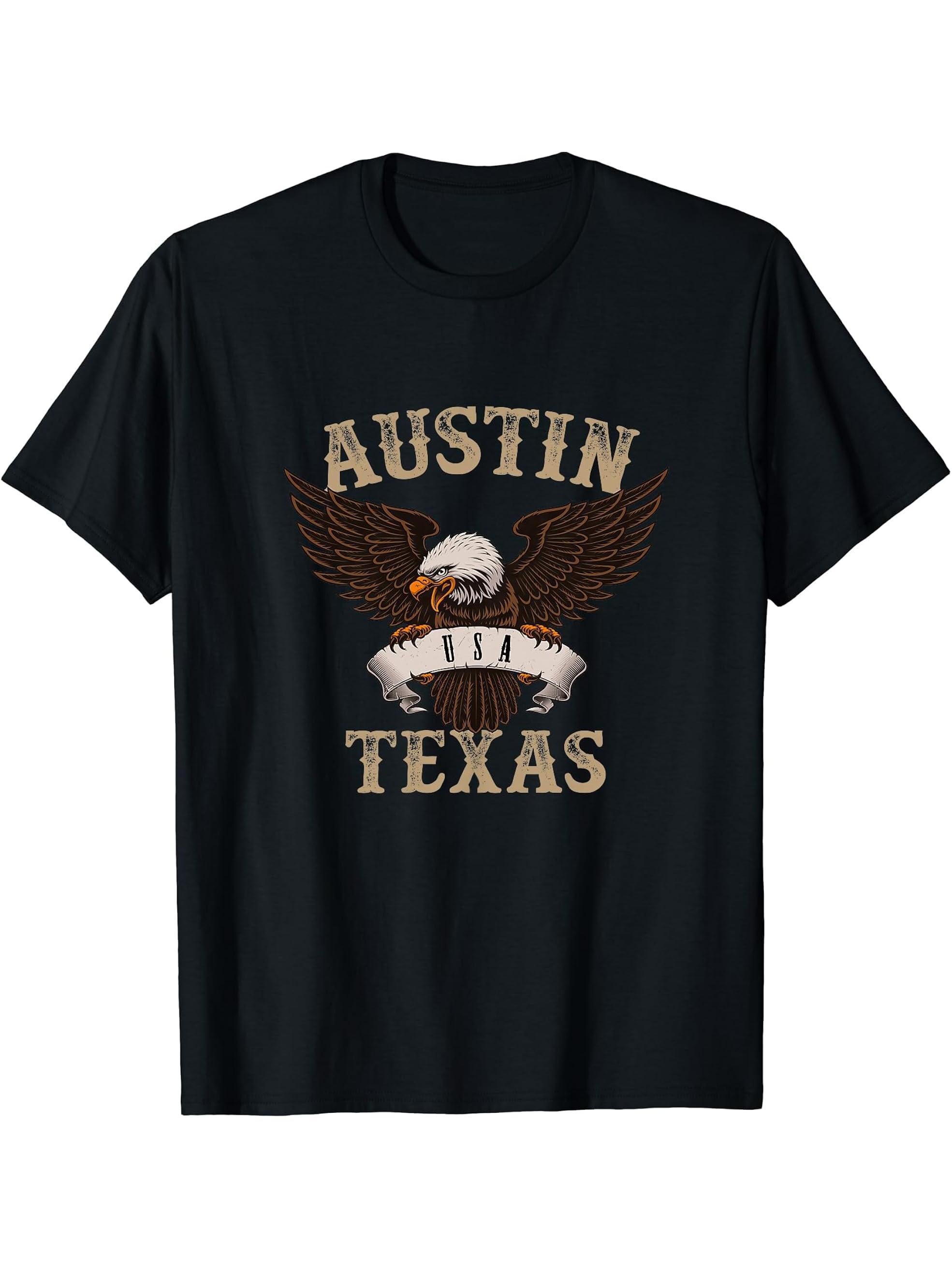 Austin Texas USA Bald Eagle T-Shirt 180G 100% Cotton Printed Round Neck Short-Sleeve T-Shirt, Gifts for Men Dad Husband Grandpa, S-XXXL, Black