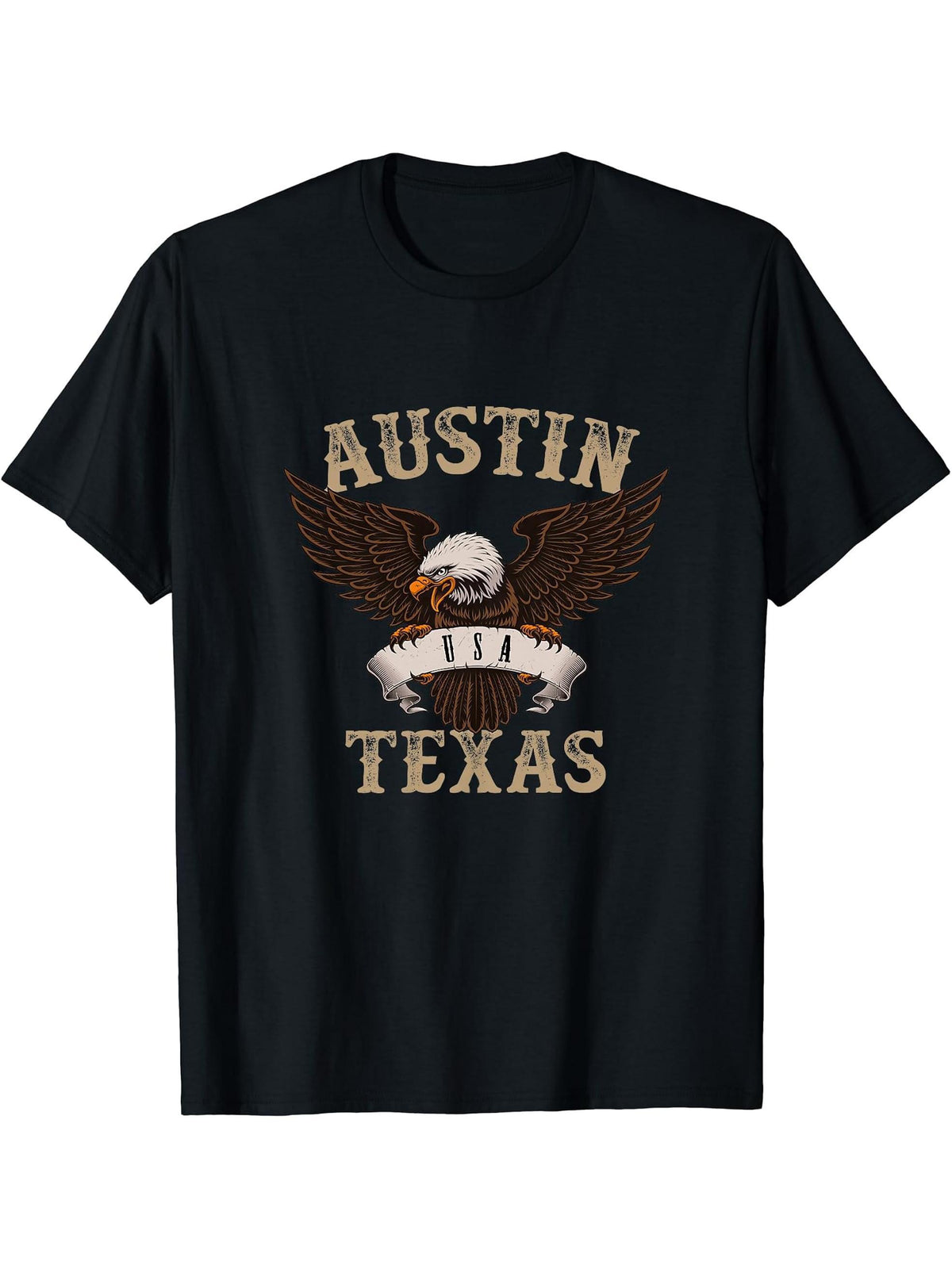Austin Texas USA Bald Eagle T-Shirt 180G 100% Cotton Printed Round Neck Short-Sleeve T-Shirt, Gifts for Men Dad Husband Grandpa, S-XXXL, Black