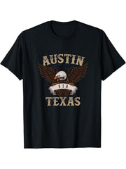 Austin Texas USA Bald Eagle T-Shirt 180G 100% Cotton Printed Round Neck Short-Sleeve T-Shirt, Gifts for Men Dad Husband Grandpa, S-XXXL, Black