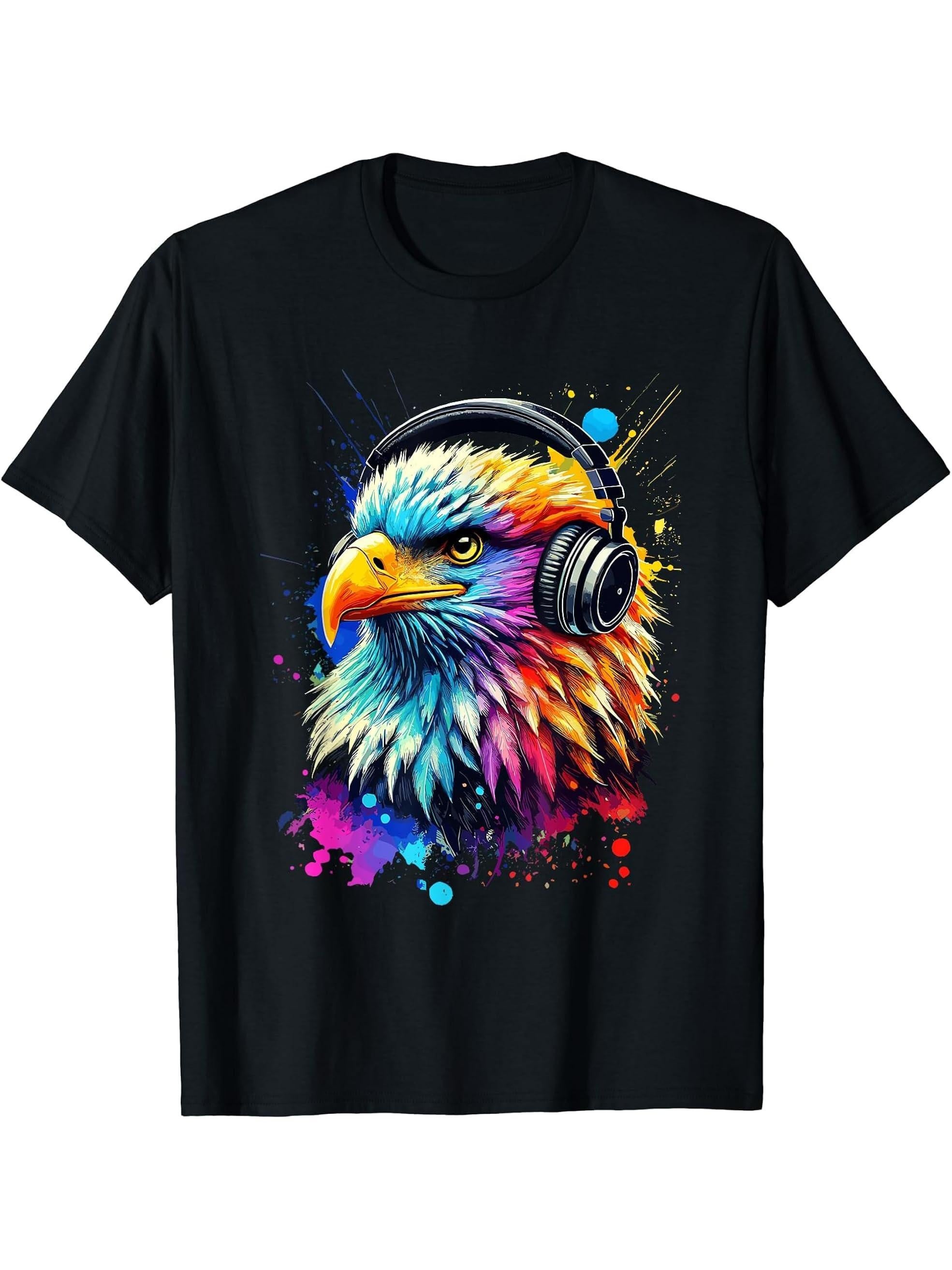 Colorful Splash Art Headphones Bald Eagle Bald Eagles T-Shirt 180G 100% Cotton Printed Round Neck Short-Sleeve T-Shirt, Gifts for Men Dad Husband Grandpa, S-XXXL, Black