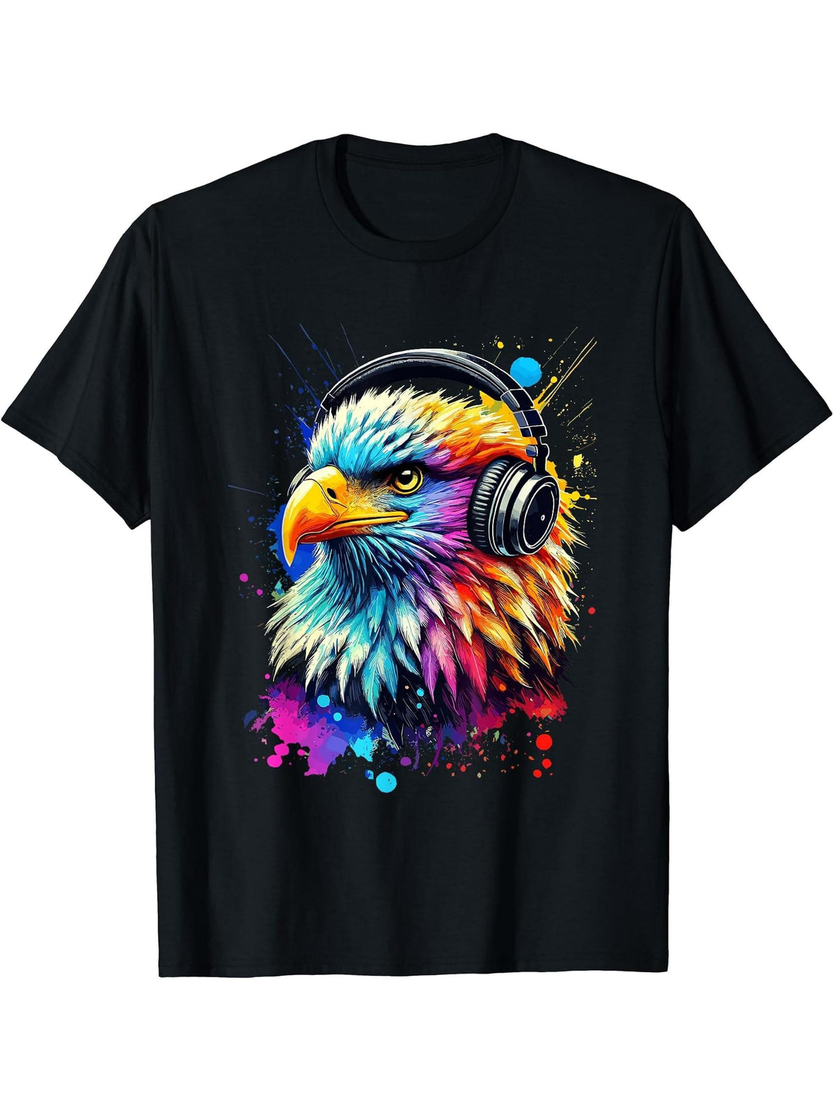 Colorful Splash Art Headphones Bald Eagle Bald Eagles T-Shirt 180G 100% Cotton Printed Round Neck Short-Sleeve T-Shirt, Gifts for Men Dad Husband Grandpa, S-XXXL, Black