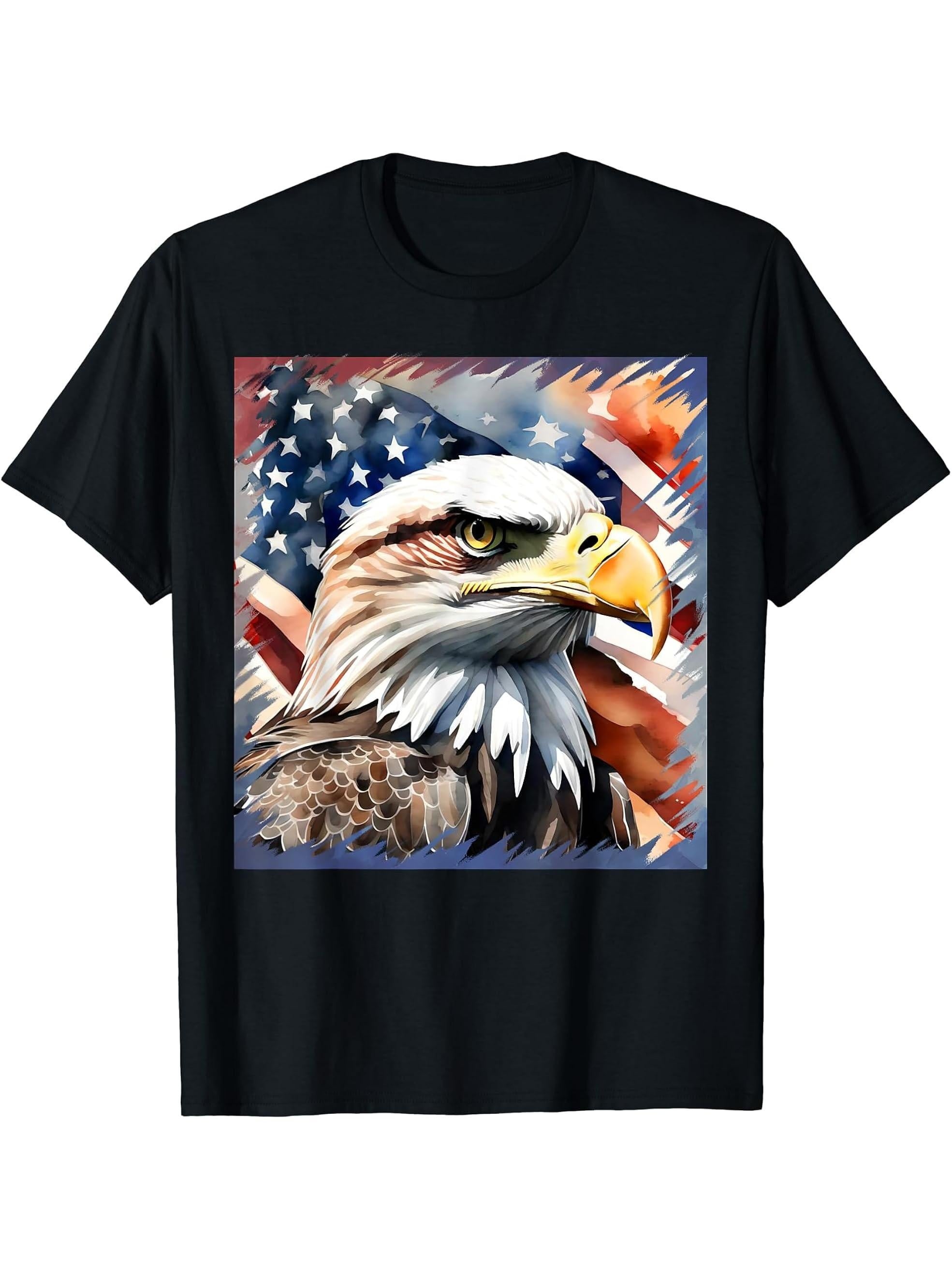 American Bald Eagle Design with American Flag Background T-Shirt 180G 100% Cotton Printed Round Neck Short-Sleeve T-Shirt, Gifts for Men Dad Husband Grandpa, S-XXXL, Black