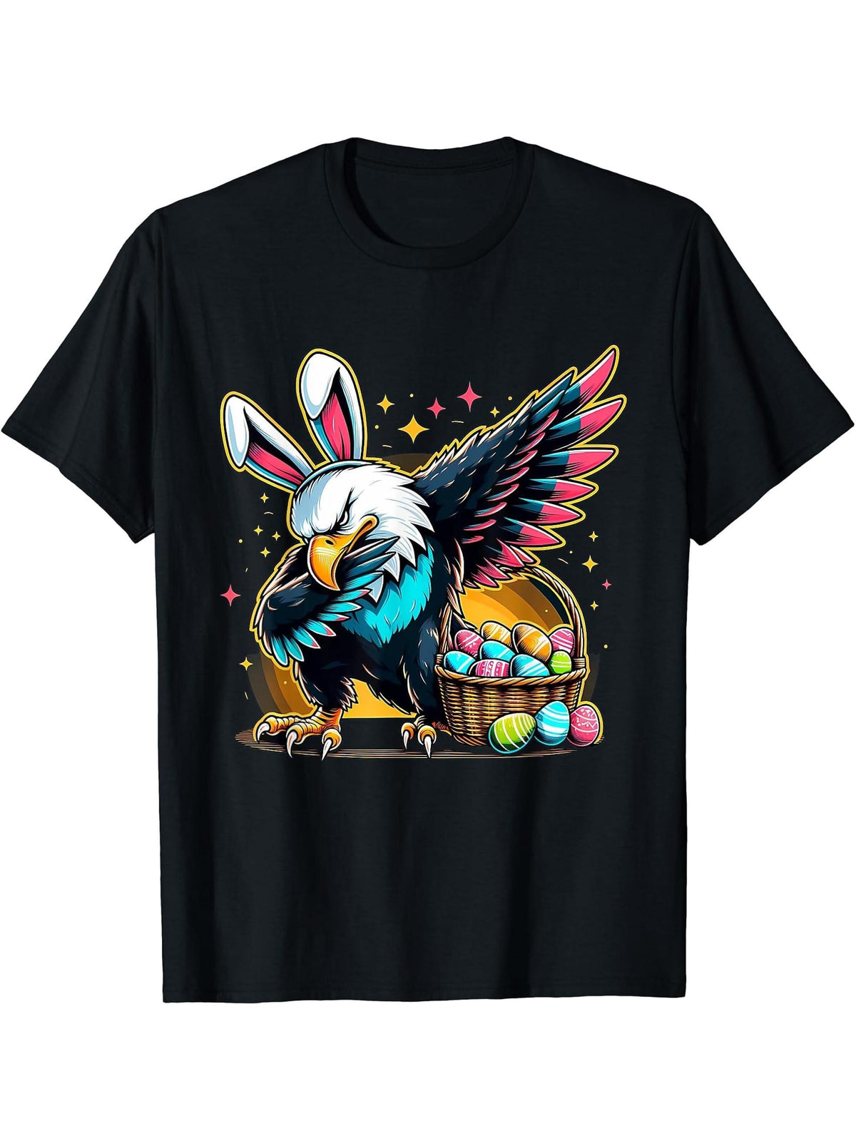 Dabbing Easter Bunny Bald Eagle T-Shirt 180G 100% Cotton Printed Round Neck Short-Sleeve T-Shirt, Gifts for Men Dad Husband Grandpa, S-XXXL, Black
