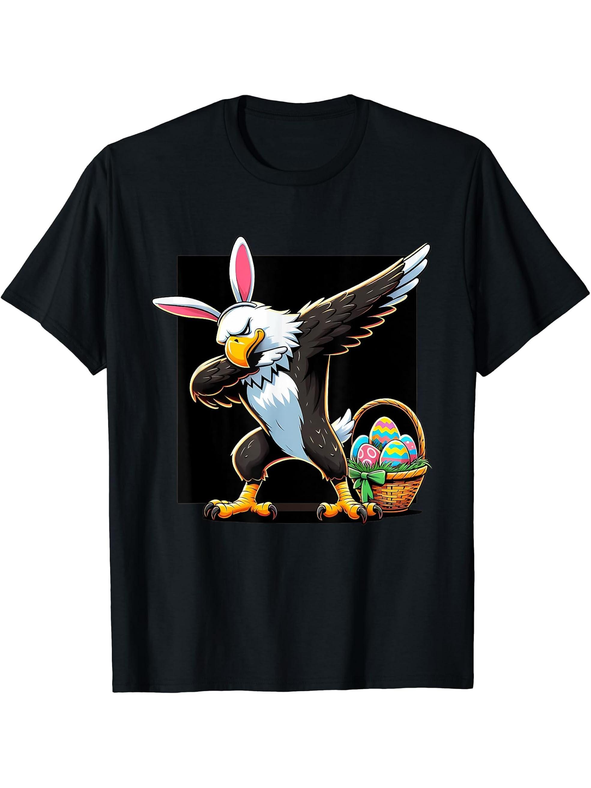 Dabbing Easter Bunny Bald Eagle T-Shirt 180G 100% Cotton Printed Round Neck Short-Sleeve T-Shirt, Gifts for Men Dad Husband Grandpa, S-XXXL, Black