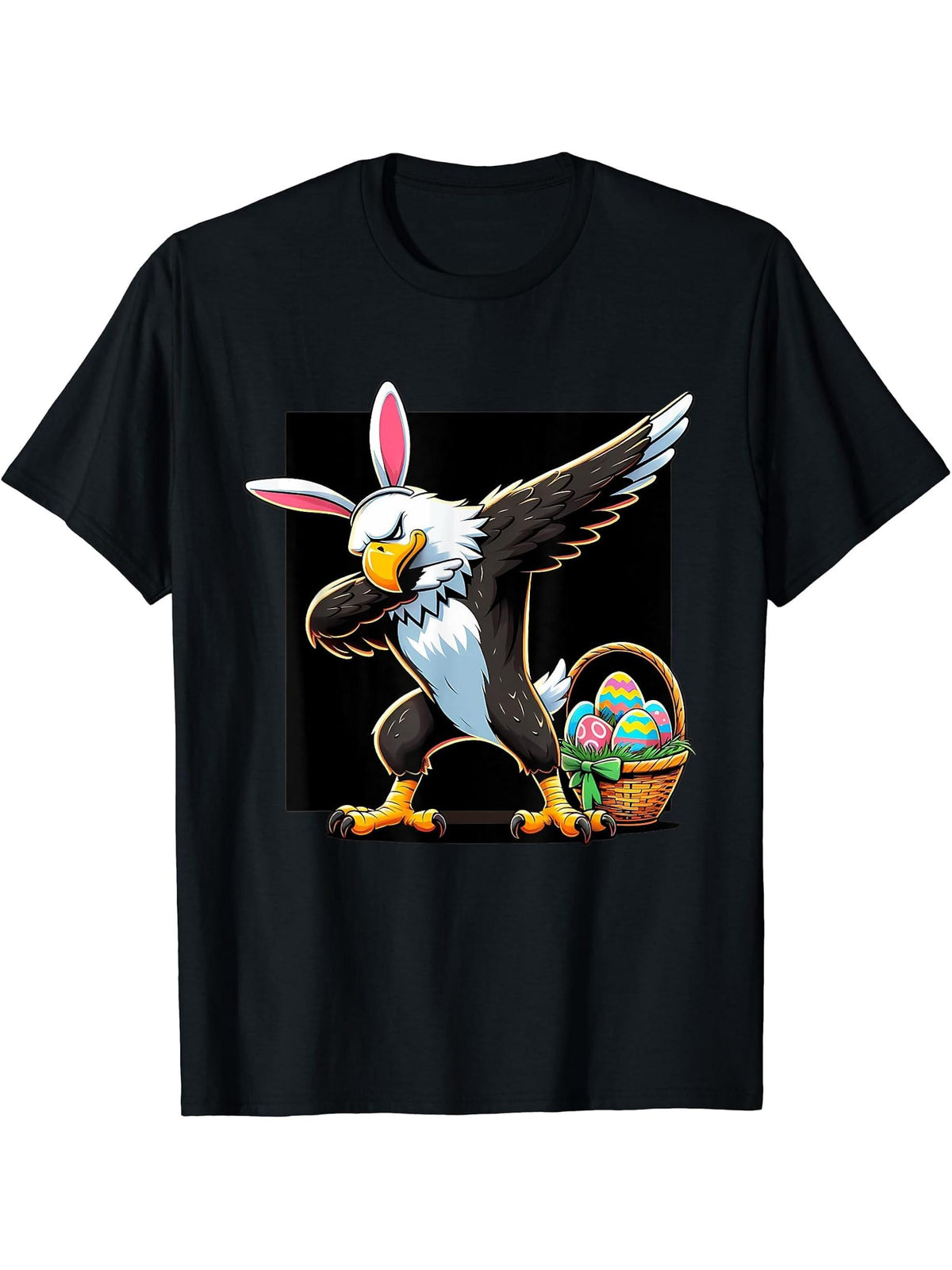 Dabbing Easter Bunny Bald Eagle T-Shirt 180G 100% Cotton Printed Round Neck Short-Sleeve T-Shirt, Gifts for Men Dad Husband Grandpa, S-XXXL, Black