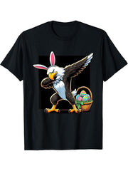 Dabbing Easter Bunny Bald Eagle T-Shirt 180G 100% Cotton Printed Round Neck Short-Sleeve T-Shirt, Gifts for Men Dad Husband Grandpa, S-XXXL, Black